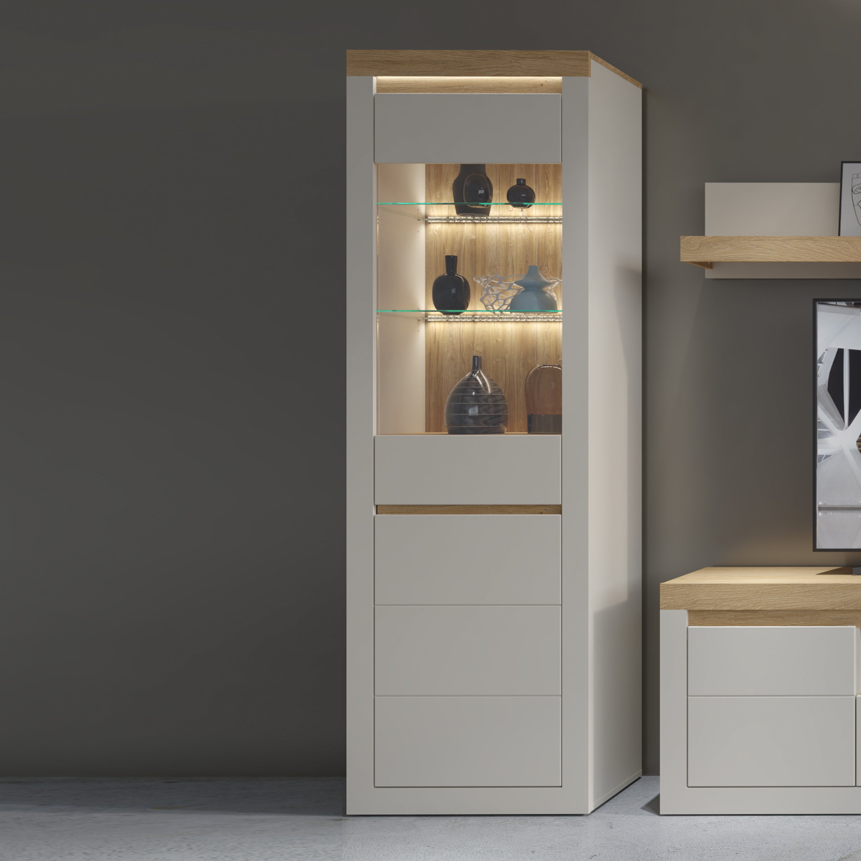 Naxxar Tall Display Cabinet with 1 Door in Cashmere and Stone Oak