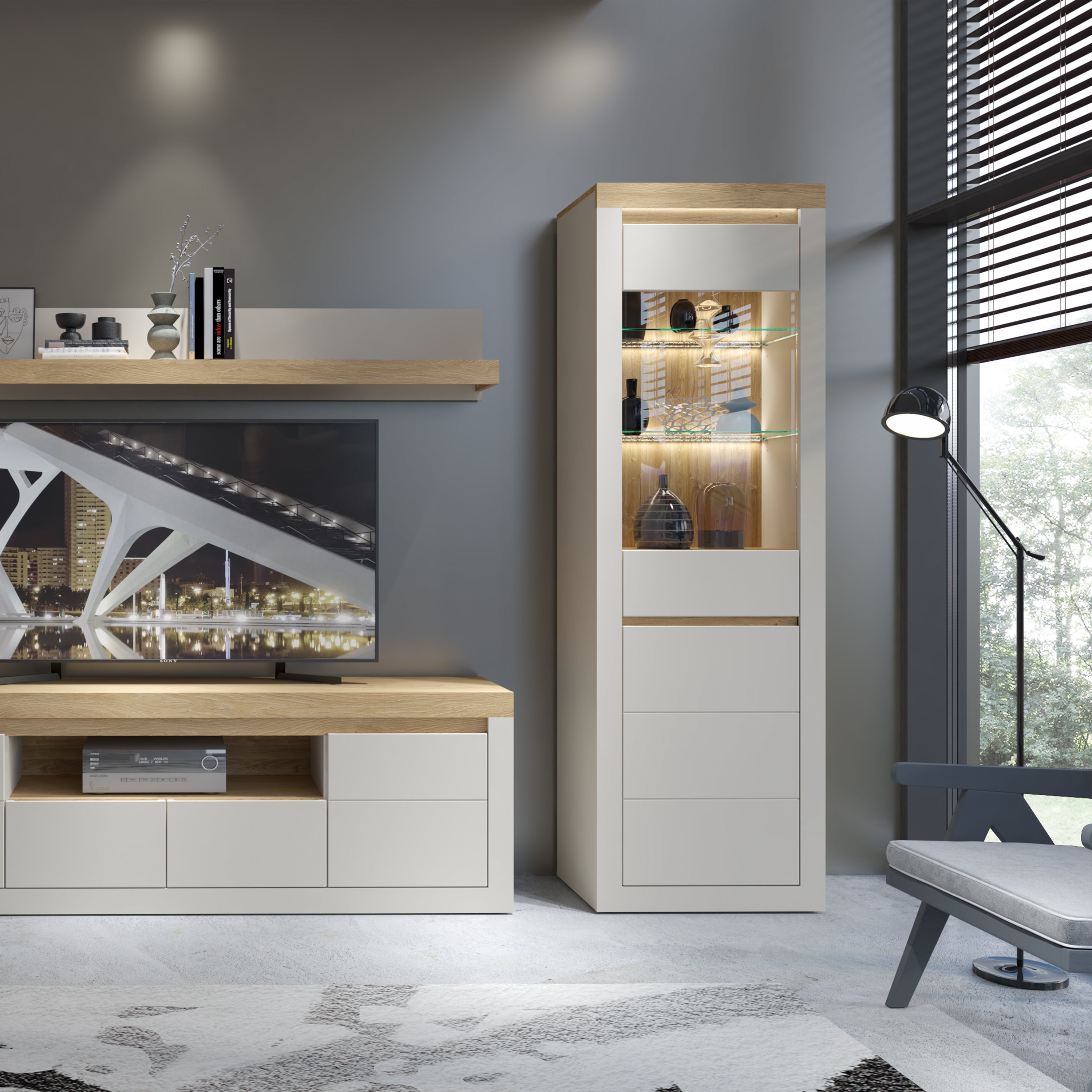 Naxxar Tall Display Cabinet with 1 Door in Cashmere and Stone Oak