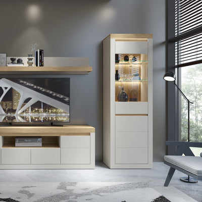 Naxxar Tall Display Cabinet with 1 Door in Cashmere and Stone Oak