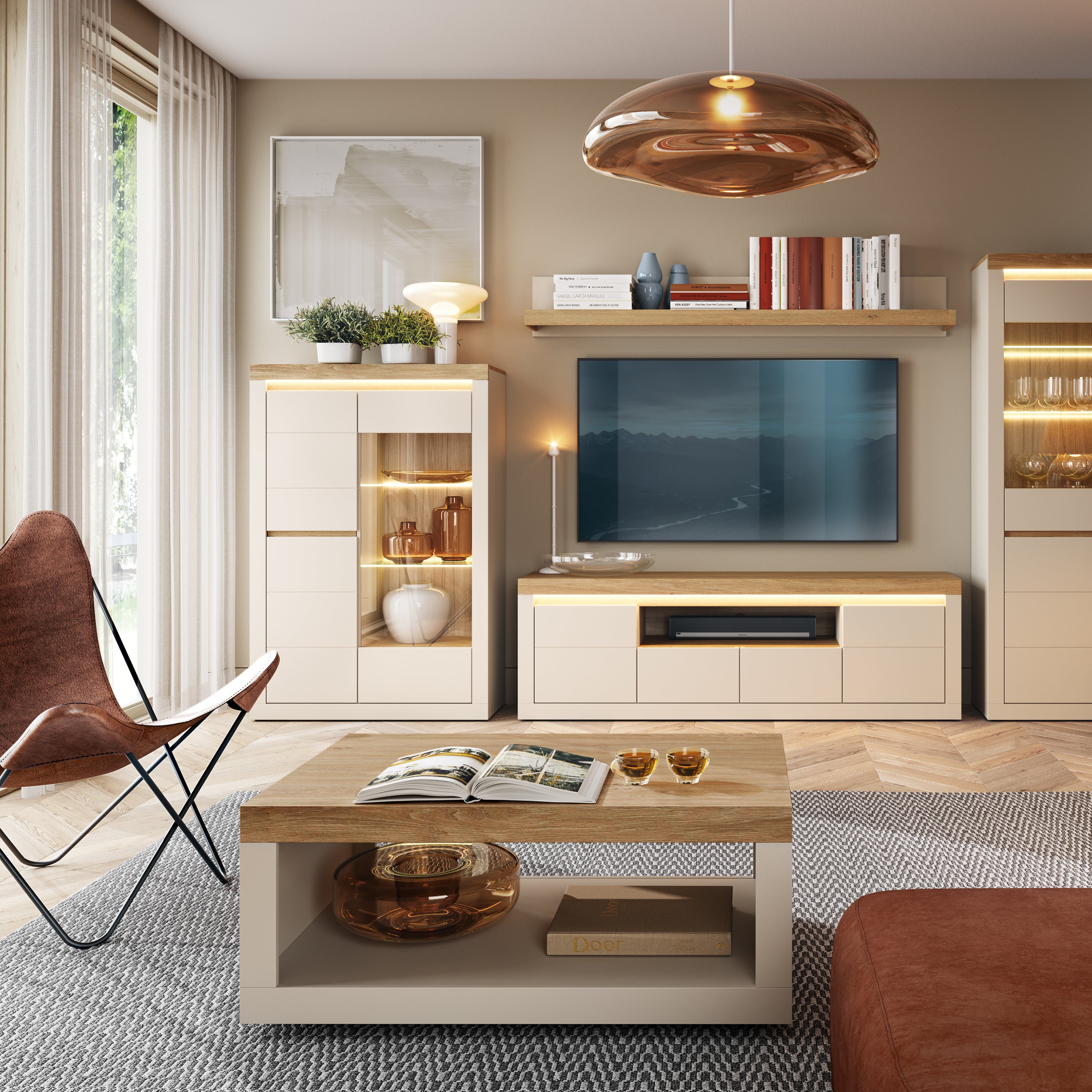 Naxxar Display Cabinet with 2 Doors (LH) in Cashmere and Stone Oak