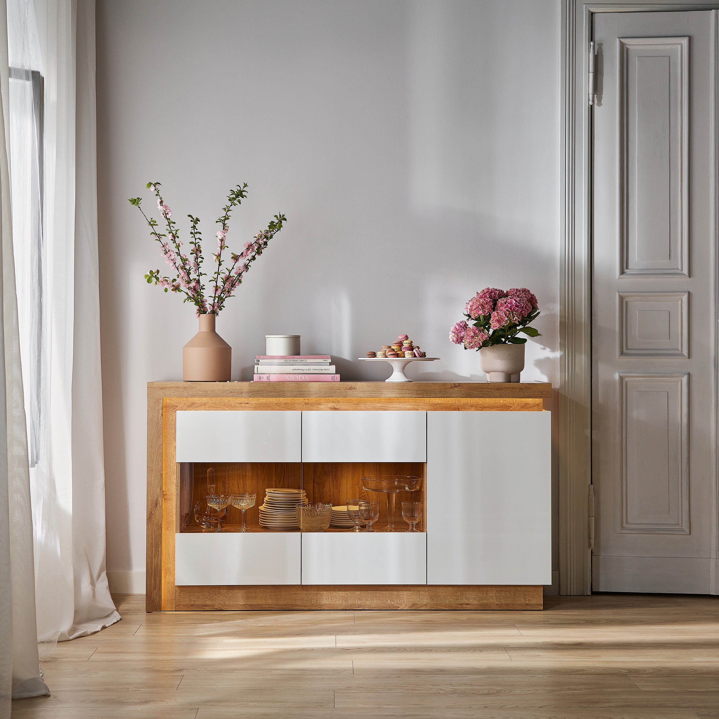 Lyon 3 Door Glazed Sideboard in Riviera Oak/White High Gloss – FTG, view 7