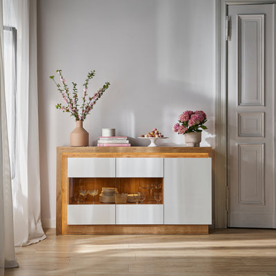 Lyon 3 Door Glazed Sideboard in Riviera Oak/White High Gloss – FTG, view 7