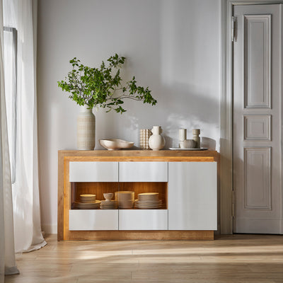Lyon 3 Door Glazed Sideboard in Riviera Oak/White High Gloss – FTG, view 8