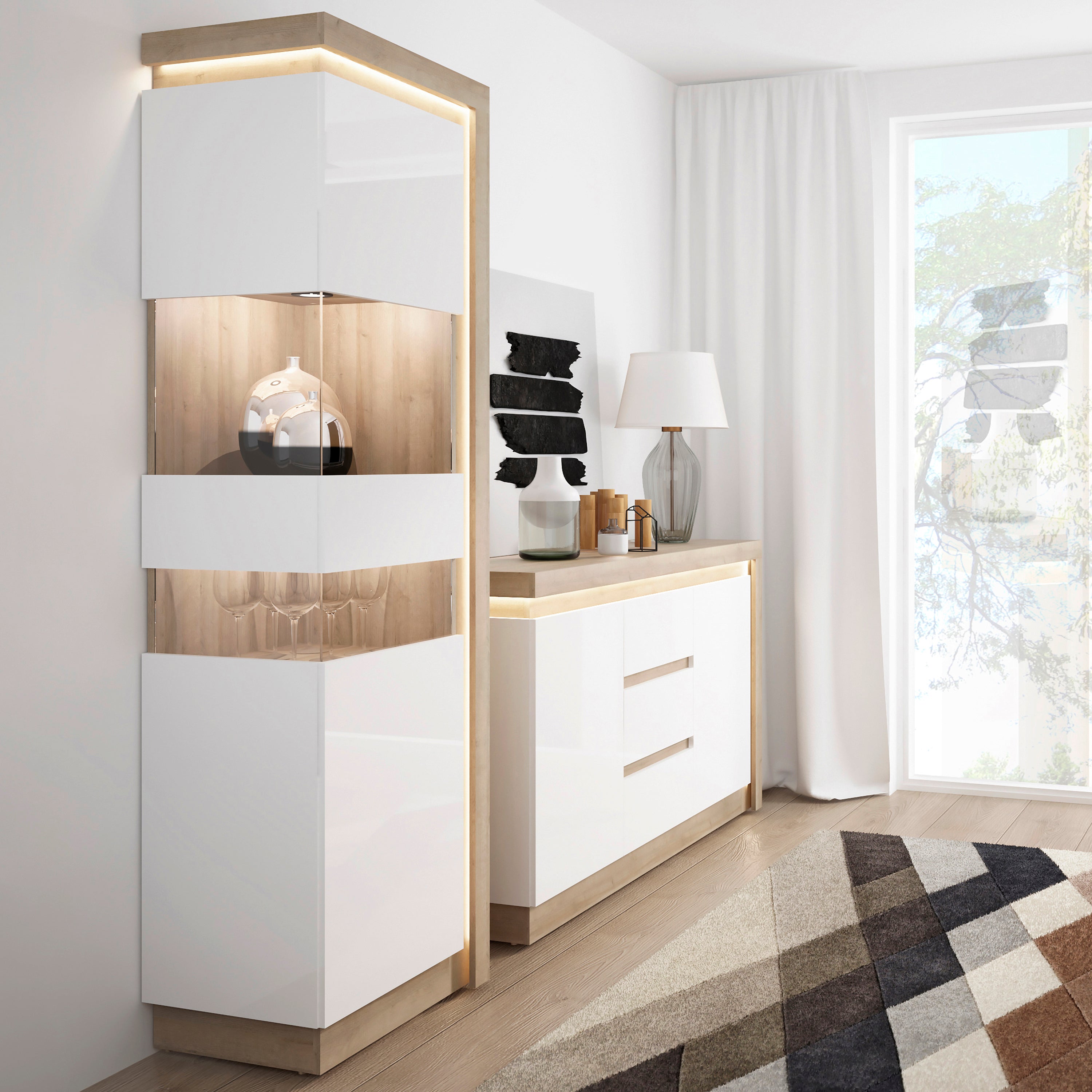 Lyon Tall Narrow Display Cabinet (LHD) in Riviera Oak/White High Gloss – FTG, view 4