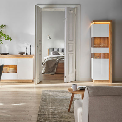 Lyon Tall Narrow Display Cabinet (LHD) in Riviera Oak/White High Gloss – FTG, view 5