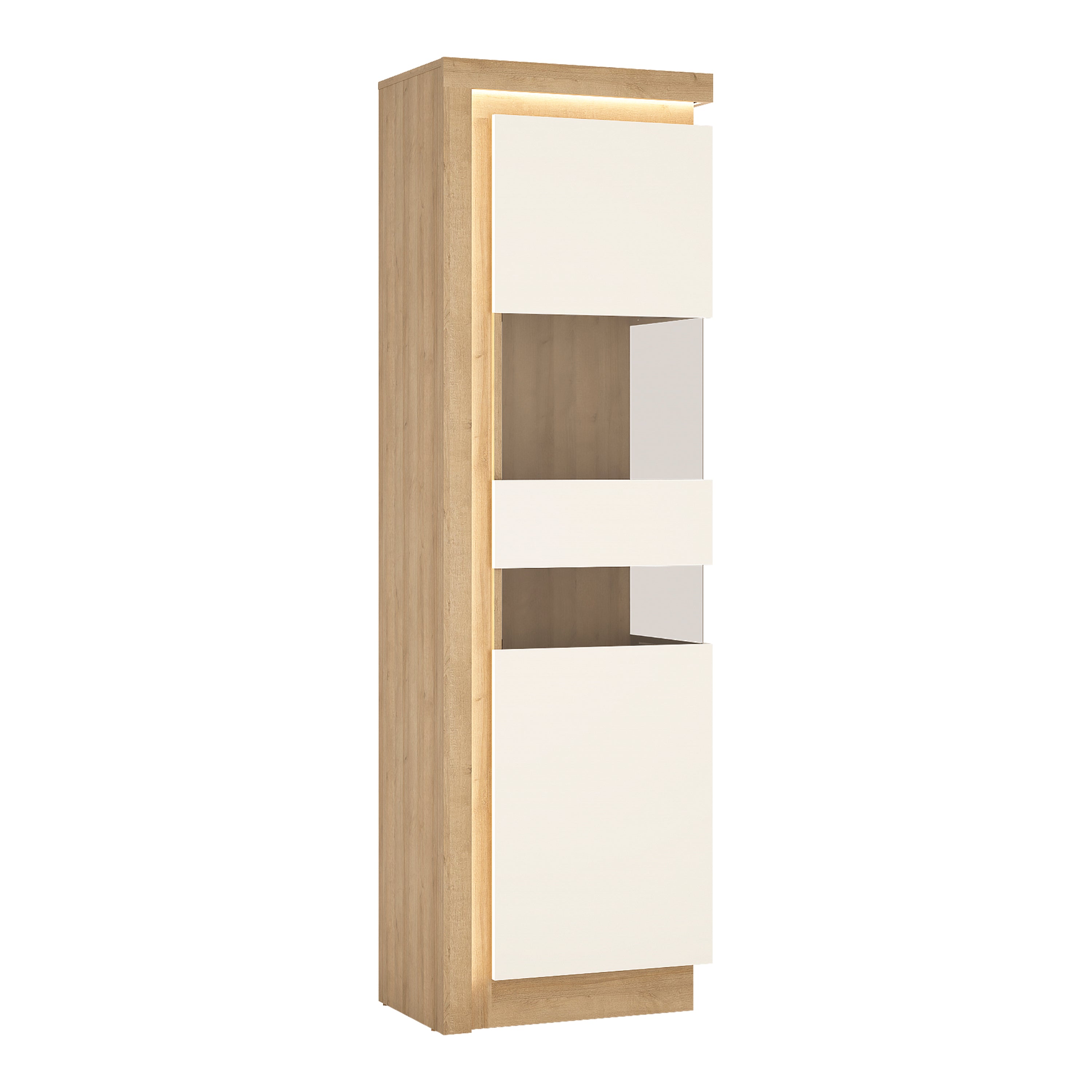 Lyon Tall Narrow Display Cabinet (RHD) in Riviera Oak/White High Gloss – FTG, view 2