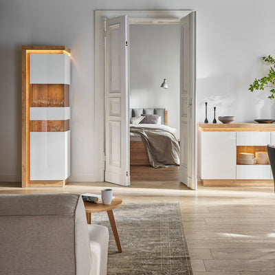 Lyon Tall Narrow Display Cabinet (RHD) in Riviera Oak/White High Gloss – FTG, view 4