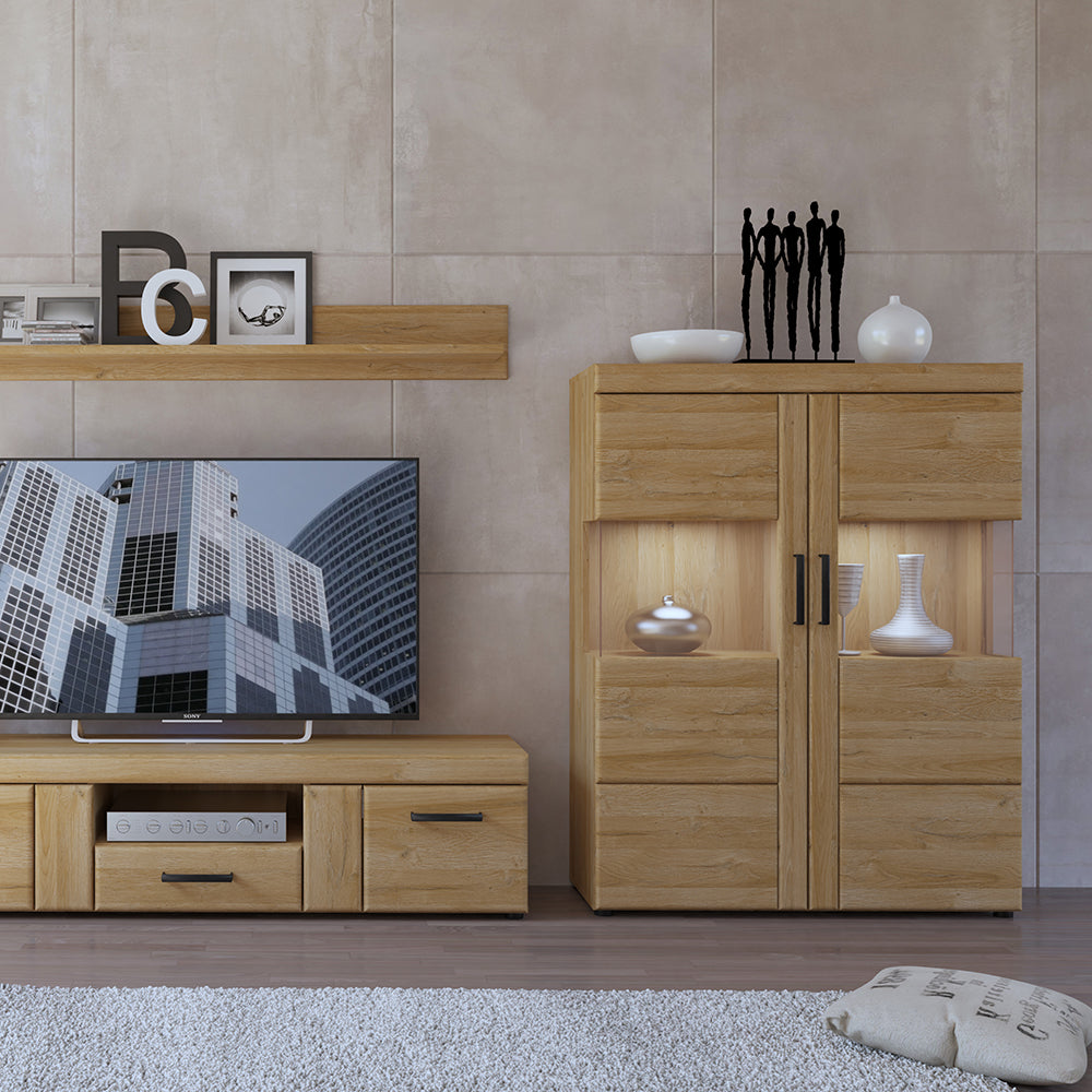 Cortina Low Wide 2 Door Display Cabinet in Grandson Oak – FTG, view 4