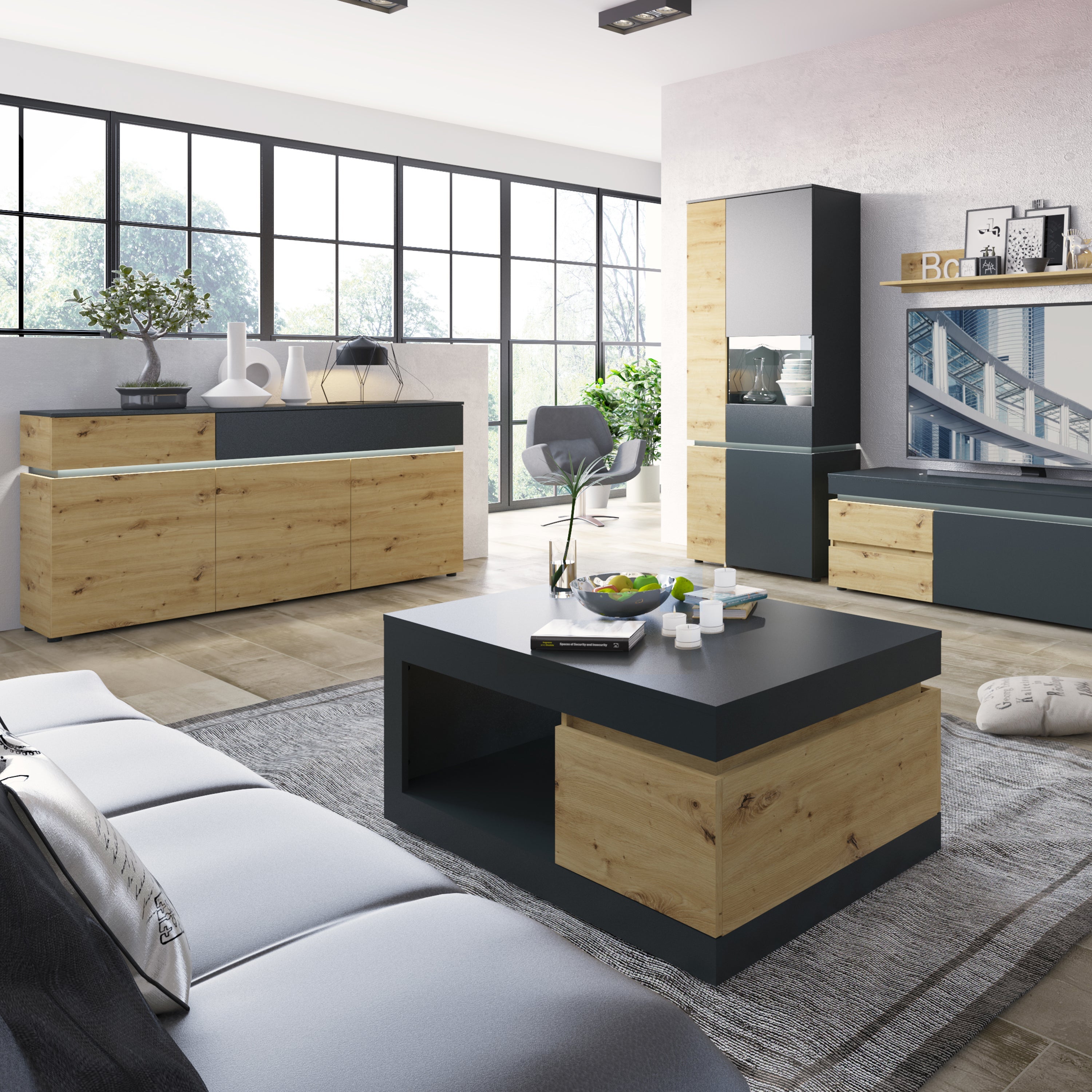 Luci 2 Door 2 Drawer Cabinet (including LED lighting) in Platinum and Oak – FTG, view 3