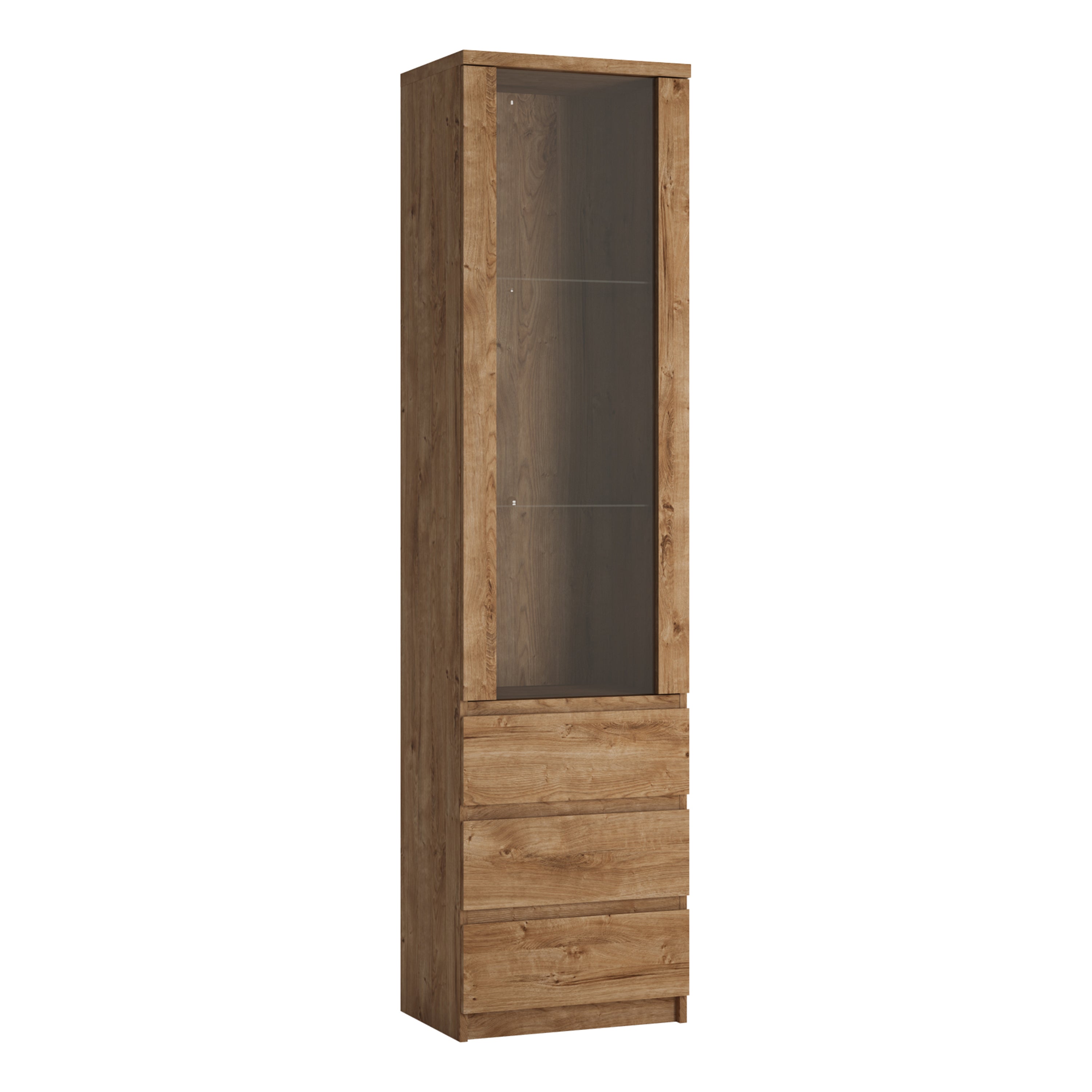 Fribo Tall Narrow 1 Door 3 Drawer Glazed Display Cabinet in Oak – FTG