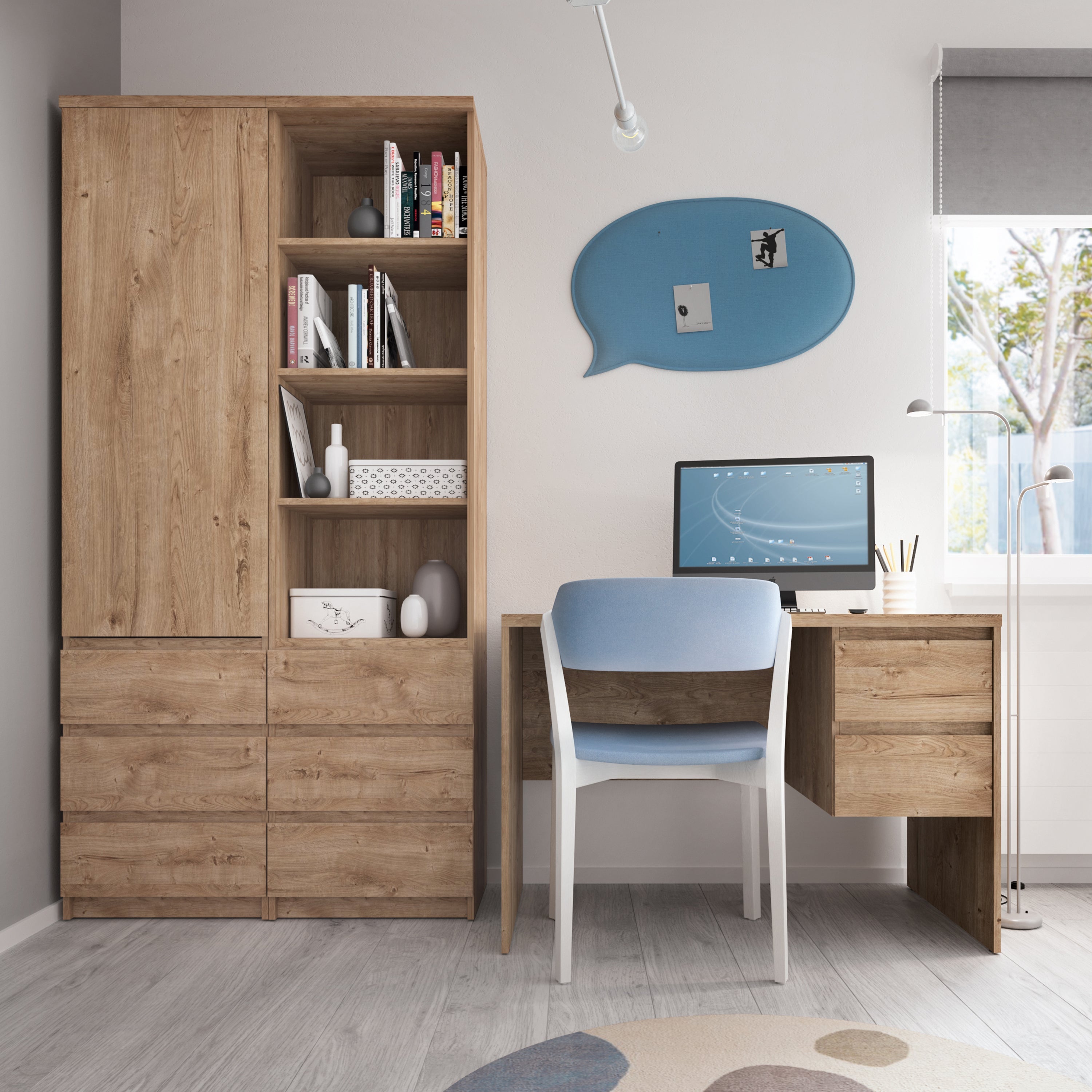 Fribo 1 Door 1 Drawer Twin Pedestal Desk in Oak – FTG, view 3