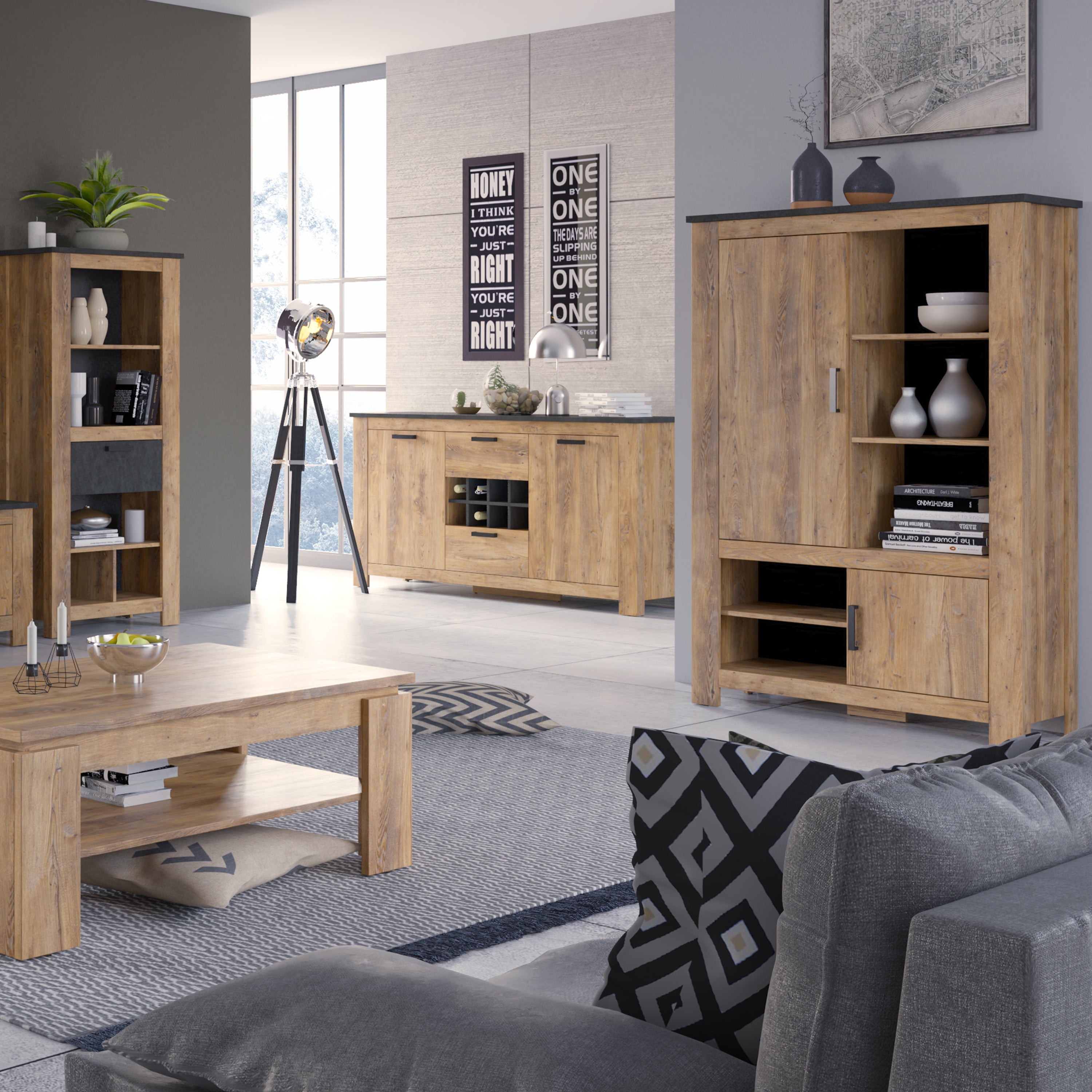 Rapallo 2 Door 2 Drawer Sideboard with Wine Rack in Chestnut and Matera Grey – FTG, view 4