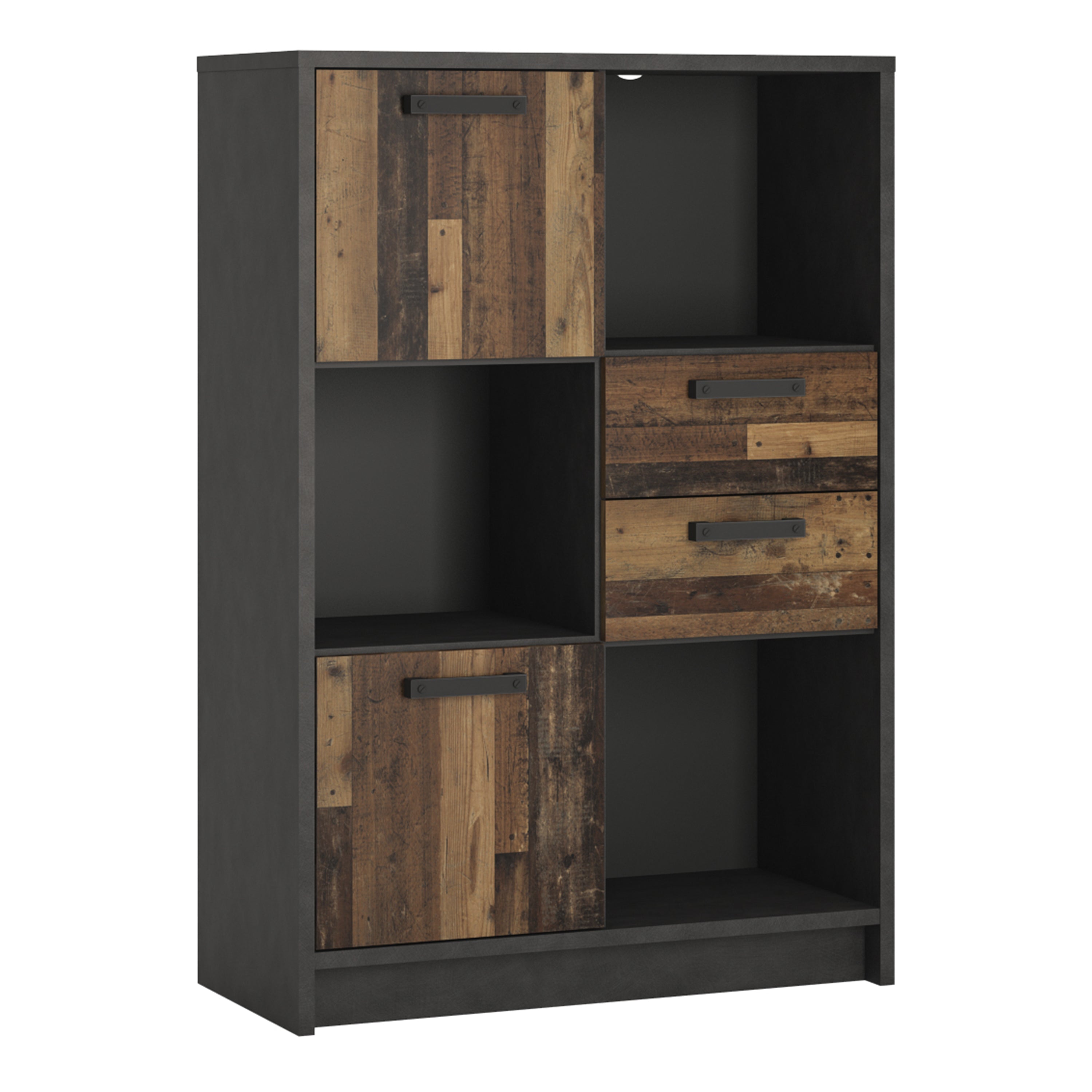 Brooklyn Low Bookcase with 2 Doors and 2 Drawers in Walnut and Dark Matera Grey – FTG