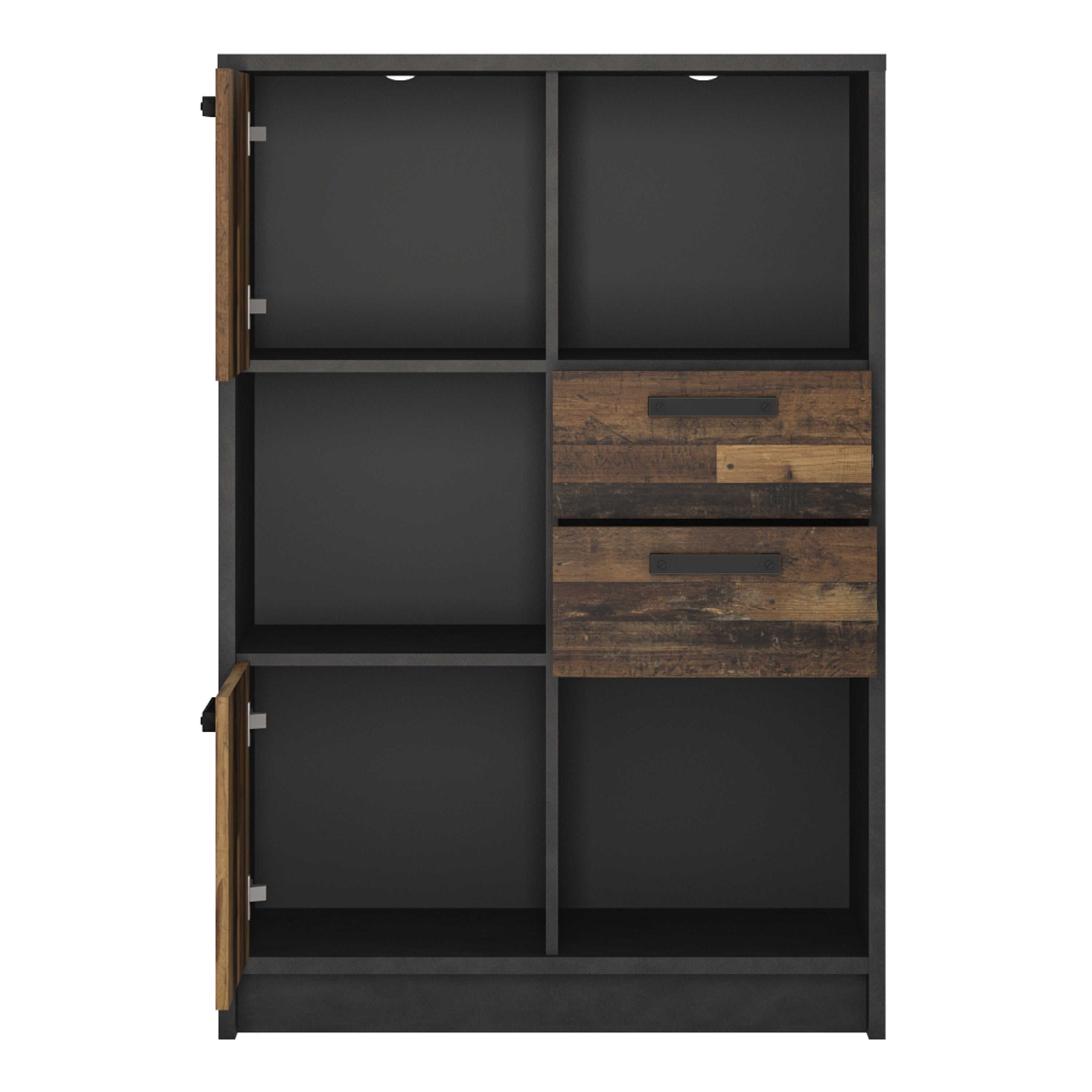 Brooklyn Low Bookcase with 2 Doors and 2 Drawers in Walnut and Dark Matera Grey – FTG, view 2