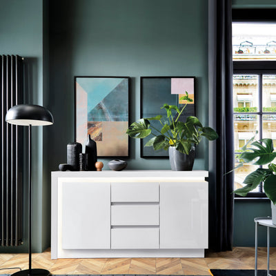 Lyon 2 Door 3 Drawer Sideboard (including LED lighting) in White and High Gloss – FTG, view 3
