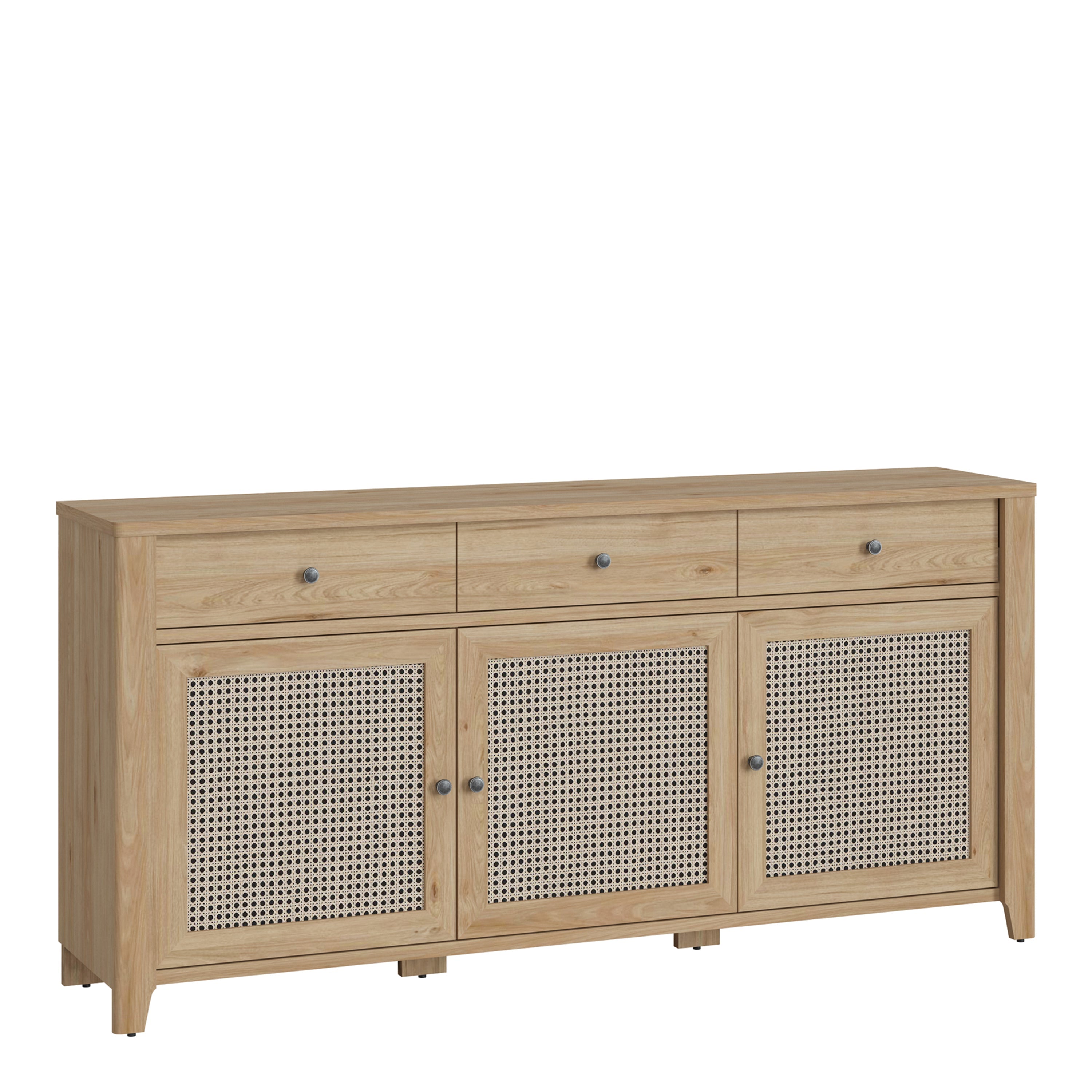 Cestino 3 Door 3 Drawer Sideboard in Jackson Hickory Oak and Rattan Effect – FTG