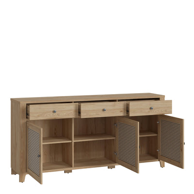 Cestino 3 Door 3 Drawer Sideboard in Jackson Hickory Oak and Rattan Effect – FTG, view 2