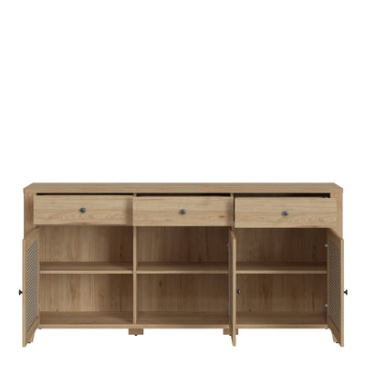 Cestino 3 Door 3 Drawer Sideboard in Jackson Hickory Oak and Rattan Effect – FTG, view 3