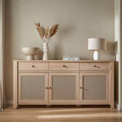 Cestino 3 Door 3 Drawer Sideboard in Jackson Hickory Oak and Rattan Effect – FTG, view 4