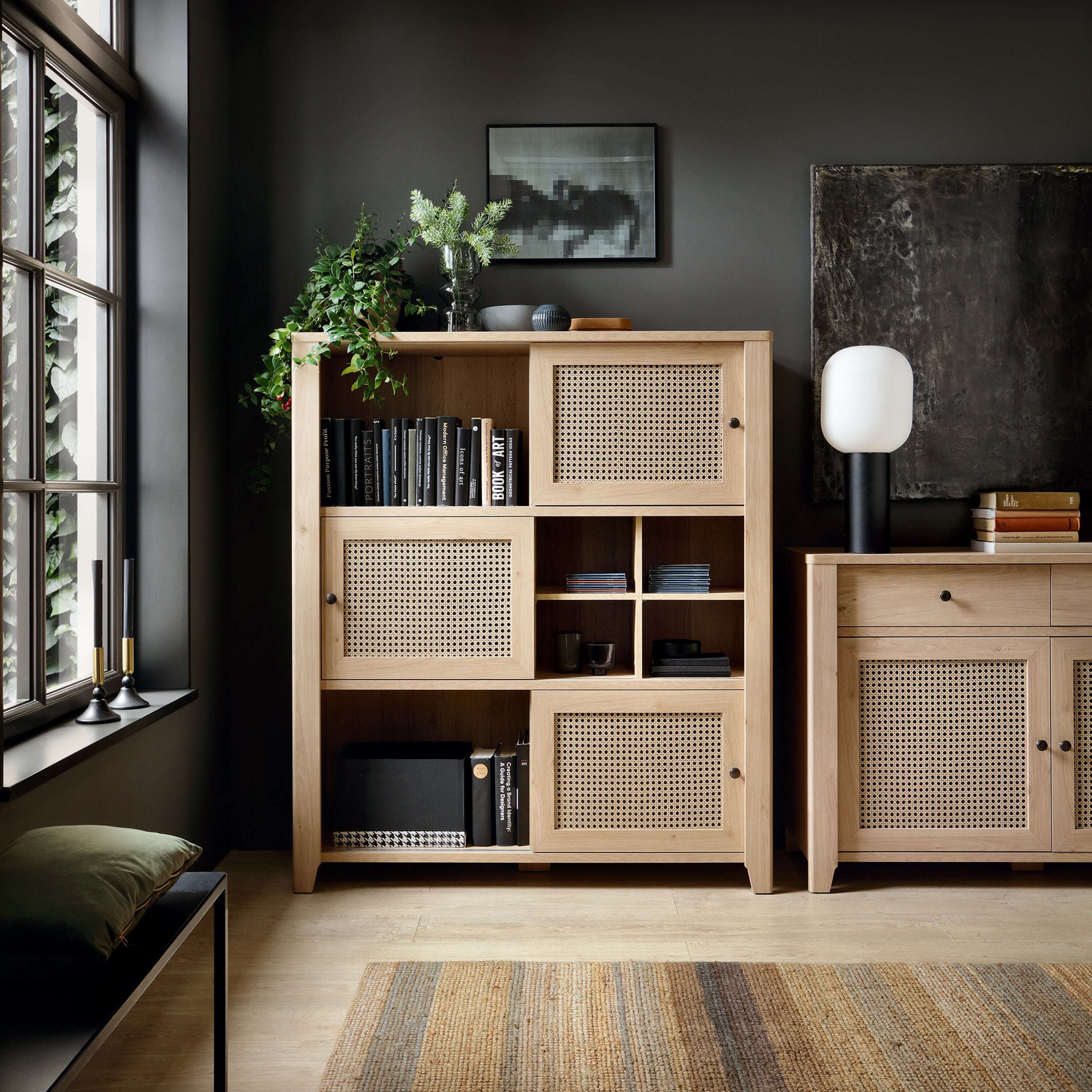 Cestino 3 Door 3 Drawer Sideboard in Jackson Hickory Oak and Rattan Effect – FTG, view 7
