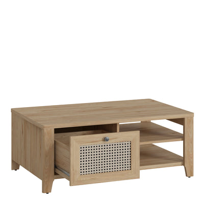 Cestino Coffee Table with 1 Drawer in Jackson Hickory Oak and Rattan Effect – FTG, view 2