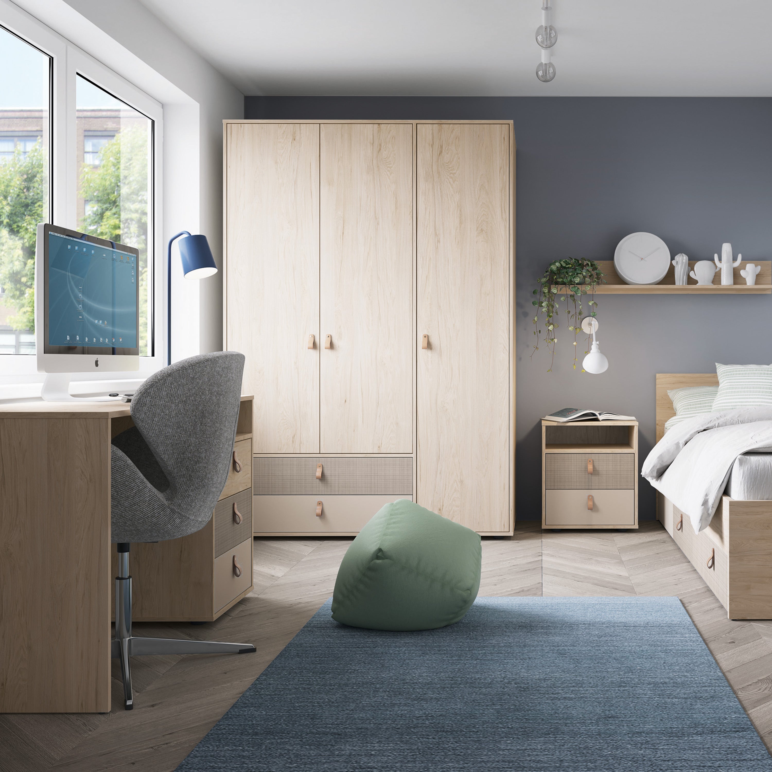 Denim 2 Drawer Bedside Cabinet in Light Walnut, Grey Fabric Effect and Cashmere – FTG, view 4