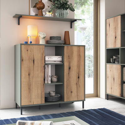 Darwin Bookcase 2 Door in Green/Oak – FTG, view 4