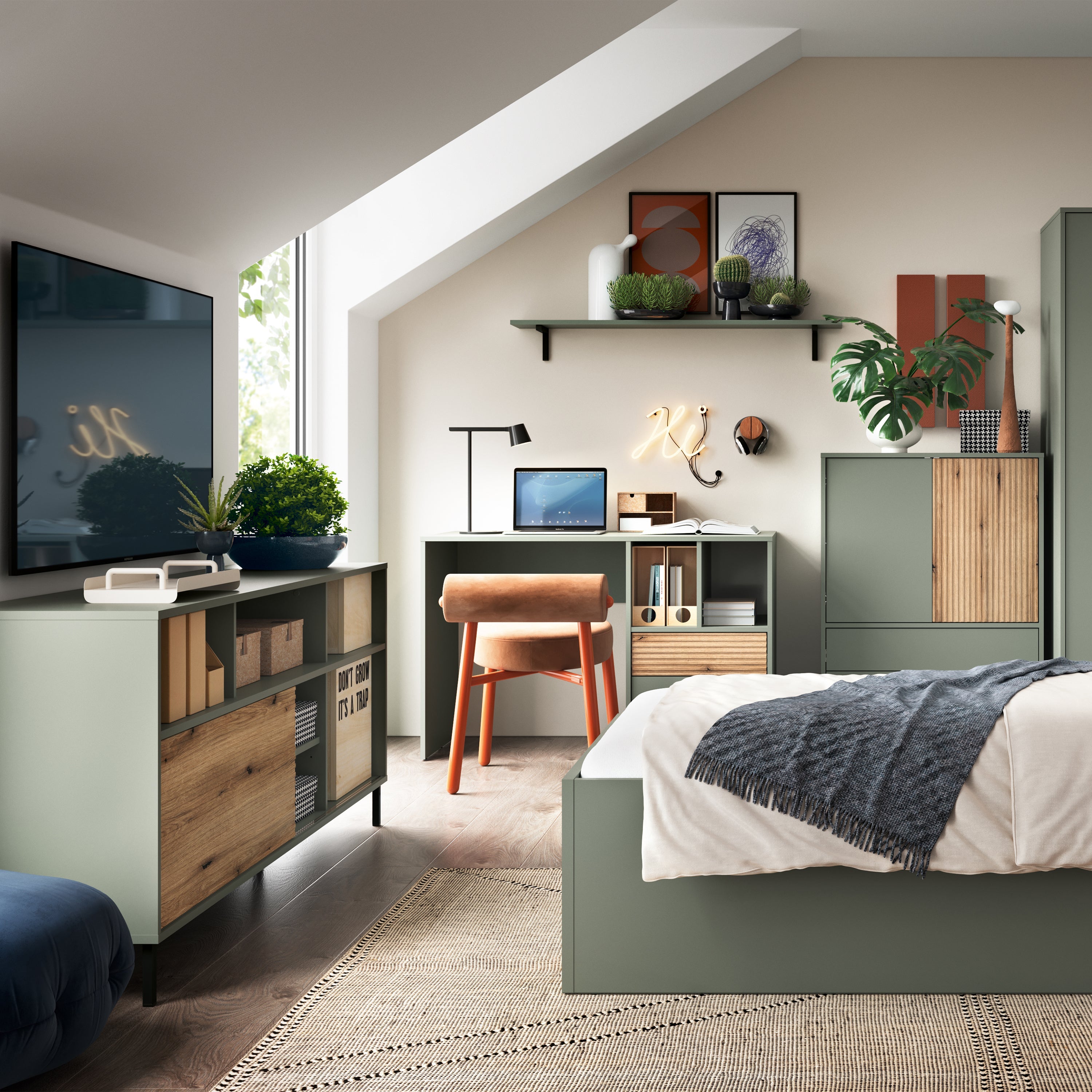 Darwin TV Cabinet 1 Door 73cm High in Green/Oak – FTG, view 3