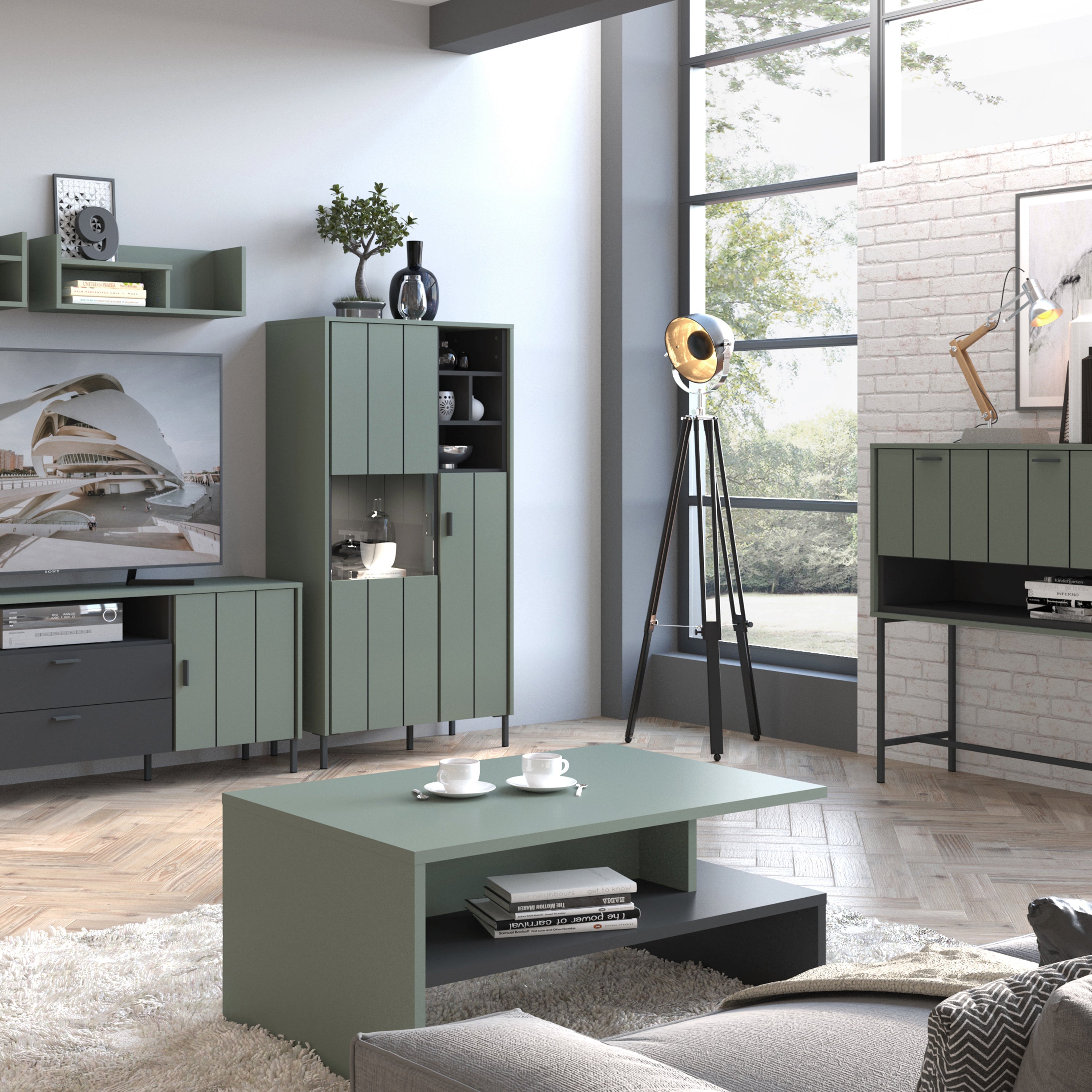 Arundel 2 Door Display Cabinet in Green/Grey – FTG, view 3
