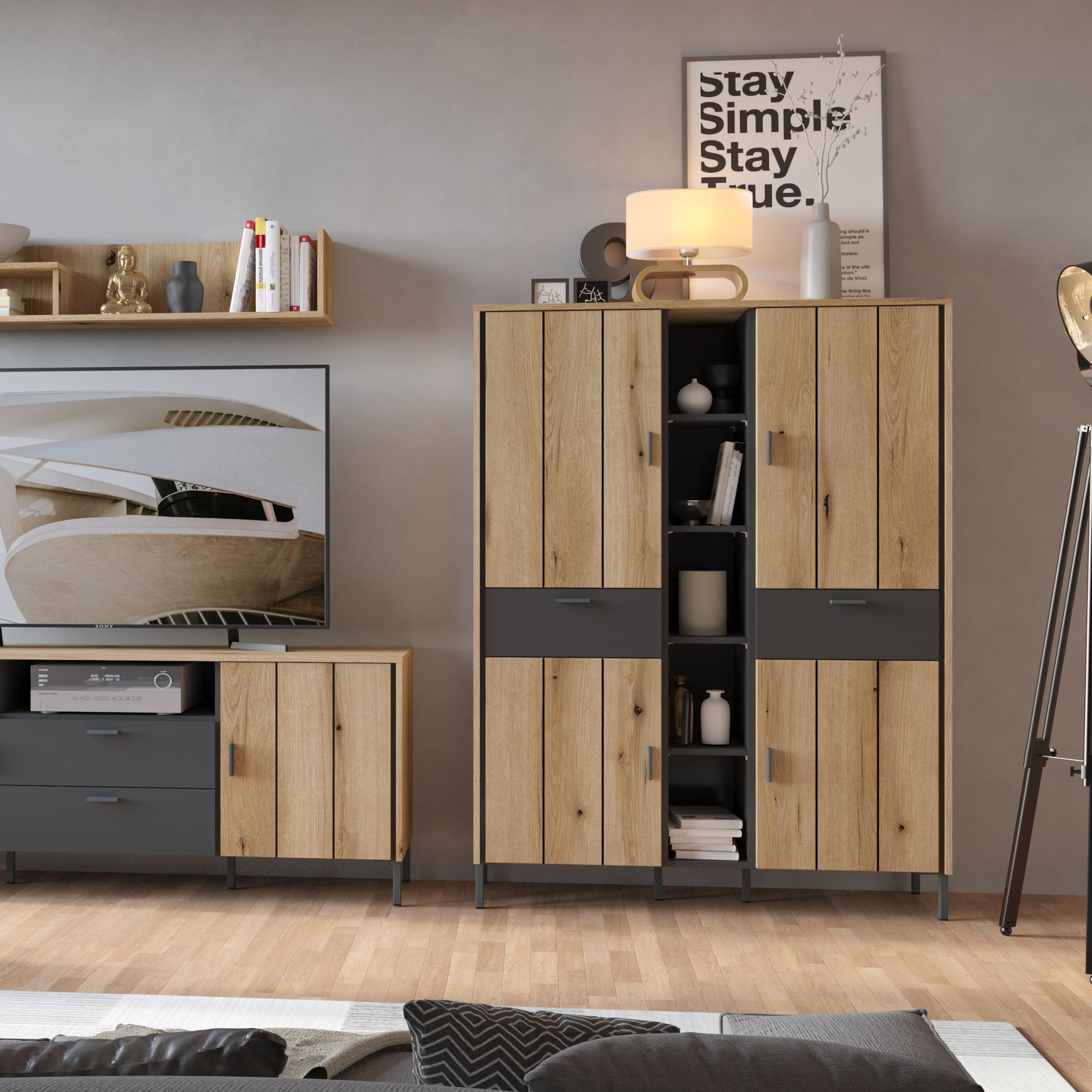 Arundel Wardrobe 4 Door 2 Drawer in Oak/Grey – FTG, view 4
