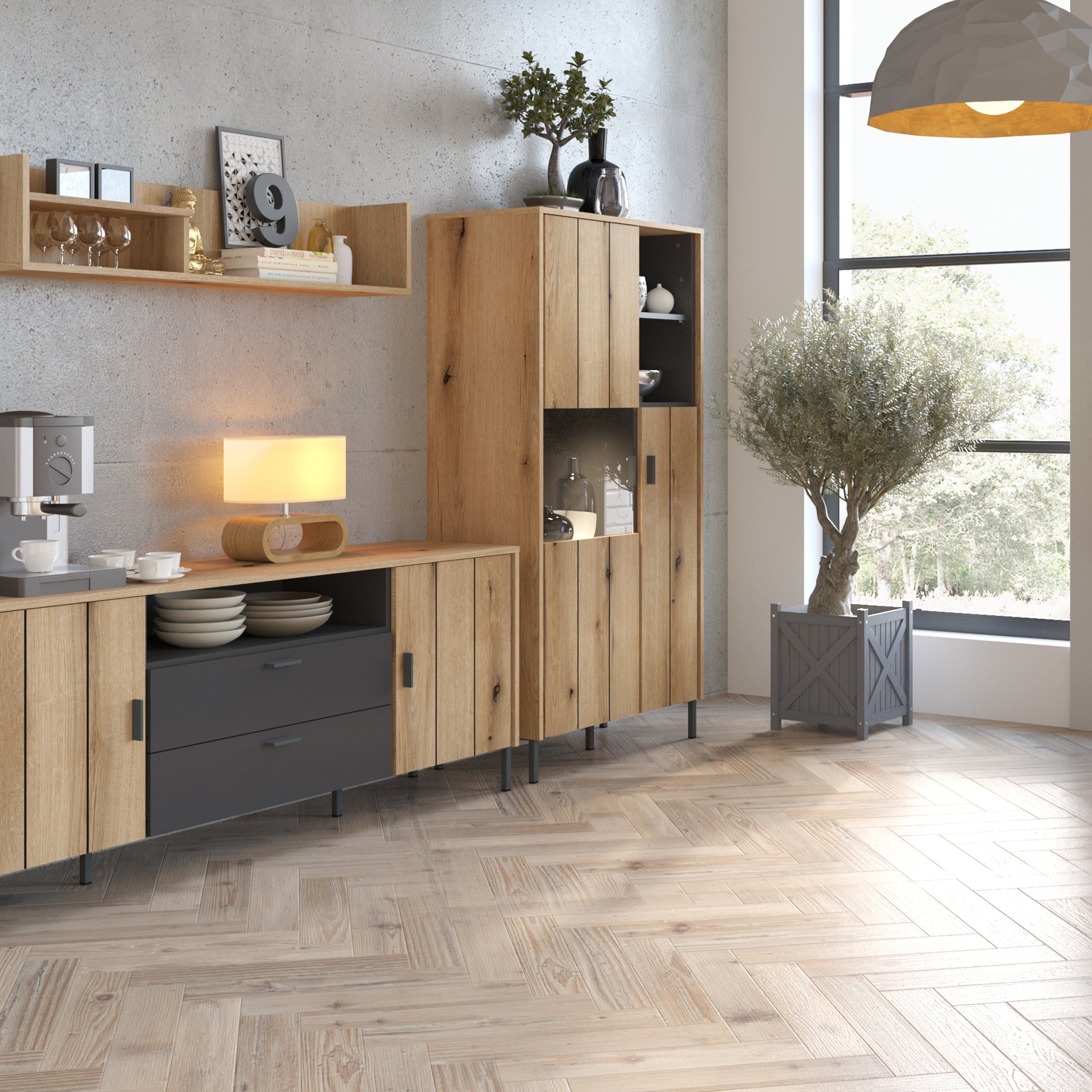 Arundel 2 Door Display Cabinet in Oak/Grey – FTG, view 3