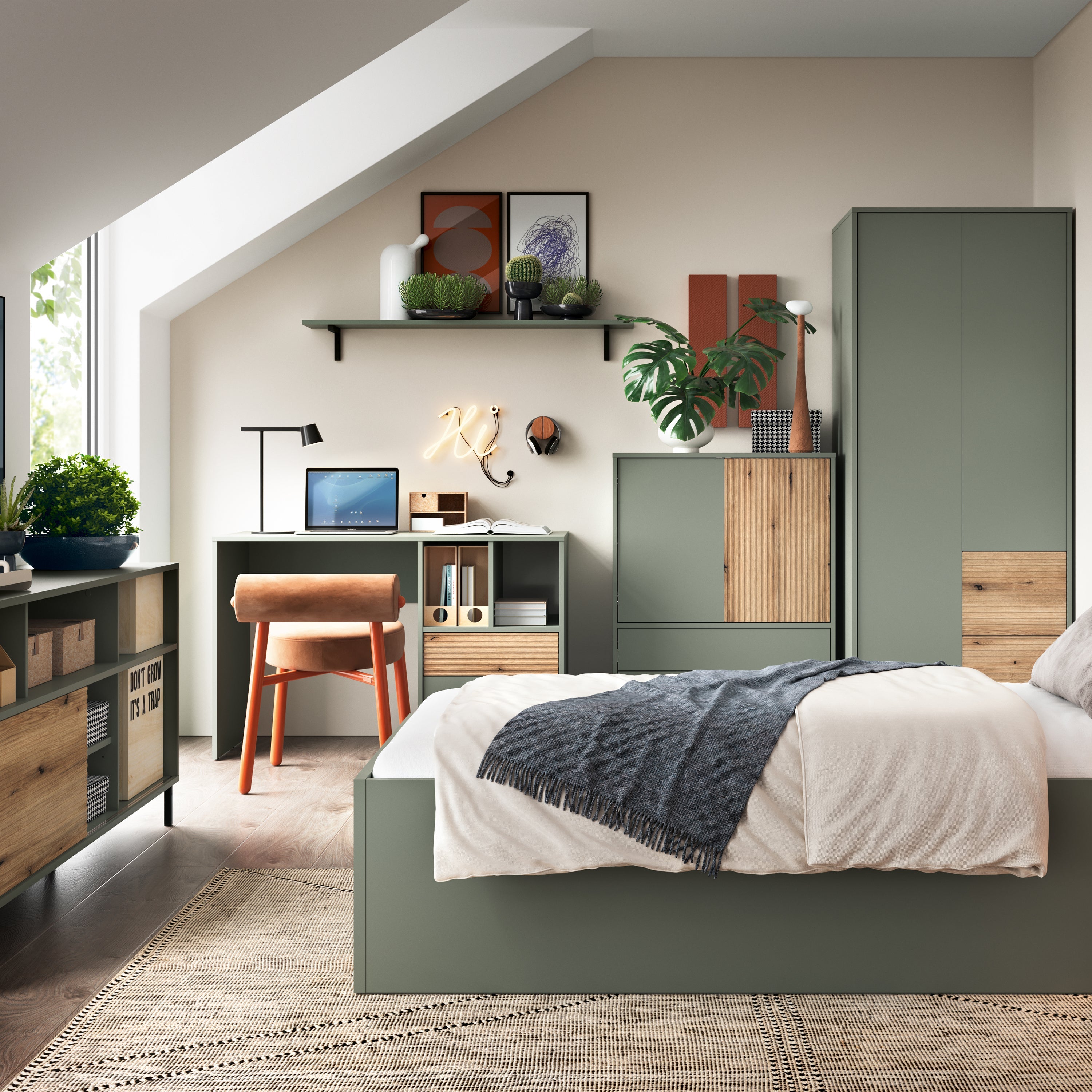 Darwin Sideboard 2 Door 2 Drawer in Green/Oak – FTG, view 3