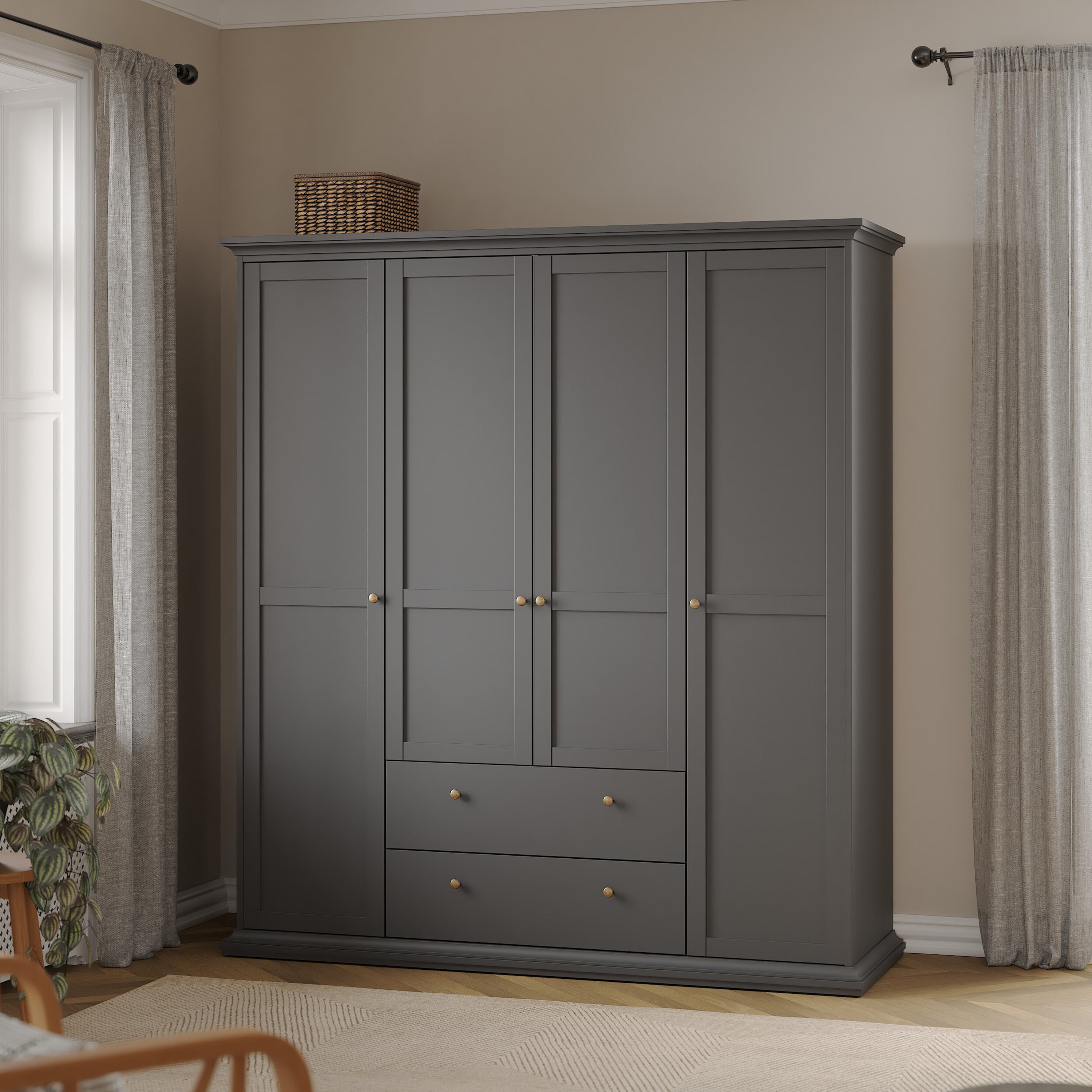 Paris Wardrobe with 4 Doors and 2 Drawers in Matt Grey – FTG, view 8