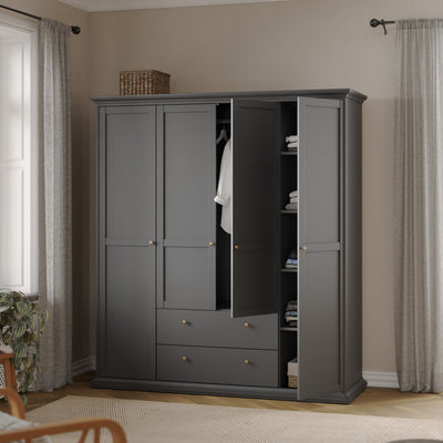 Paris Wardrobe with 4 Doors and 2 Drawers in Matt Grey – FTG, view 9