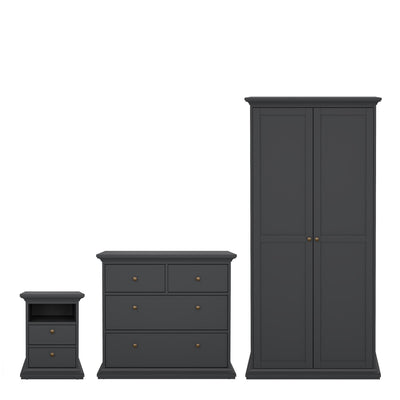 Paris Package - Bedside 2 Drawers + Chest of 4 Drawers + Wardrobe with 2 Doors Matt Grey – FTG