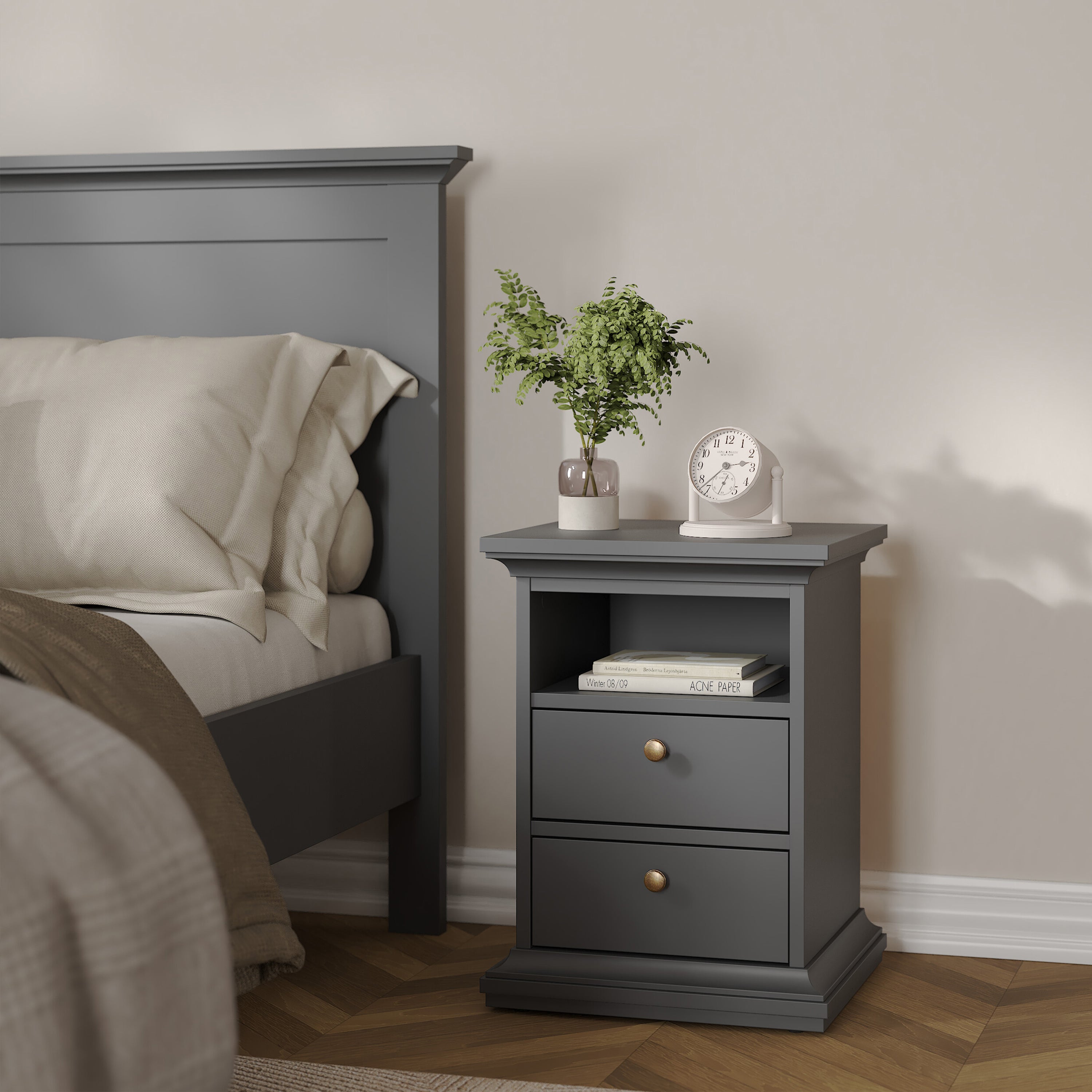 Paris Package - Bedside 2 Drawers + Chest of 4 Drawers + Wardrobe with 2 Doors Matt Grey – FTG, view 4