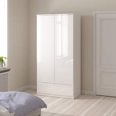 Naia Wardrobe with 2 Doors 1 Drawer in White High Gloss – FTG