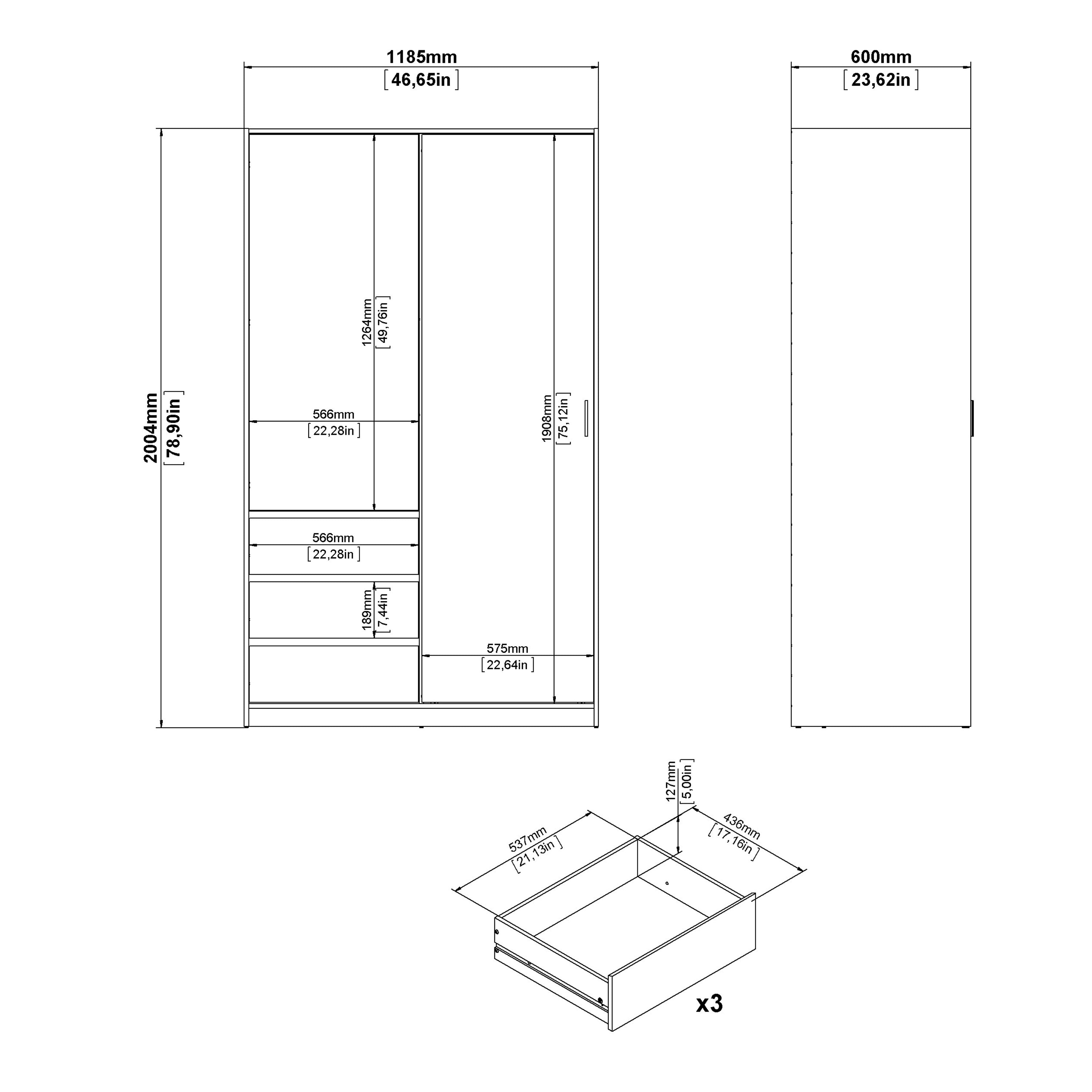 Naia Wardrobe with 1 Sliding Door and 1 Door + 3 Drawers in White – FTG, view 6