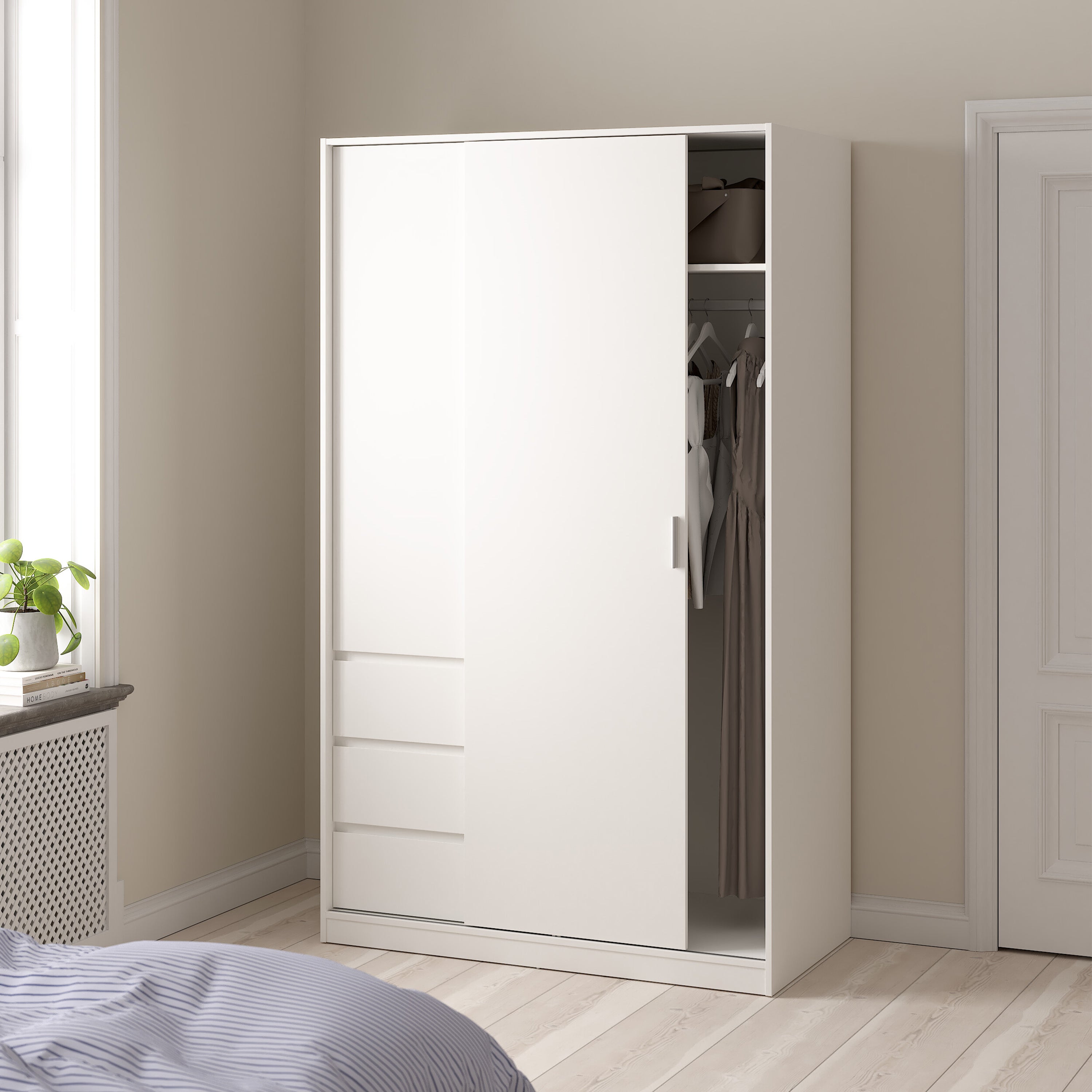 Naia Wardrobe with 1 Sliding Door and 1 Door + 3 Drawers in White – FTG, view 3
