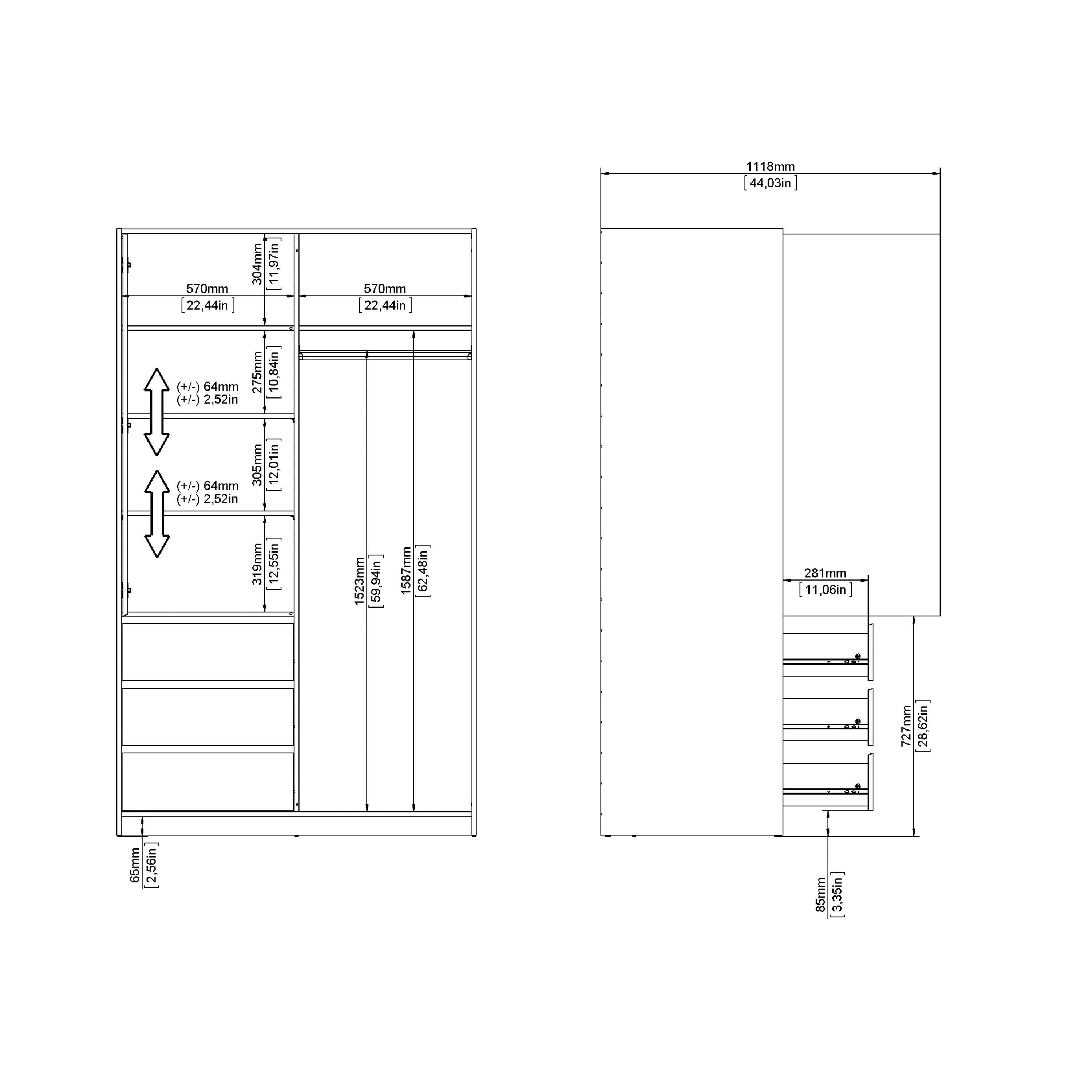 Naia Wardrobe with 1 Sliding Door 1 Door 3 Drawers in White High Gloss – FTG, view 11