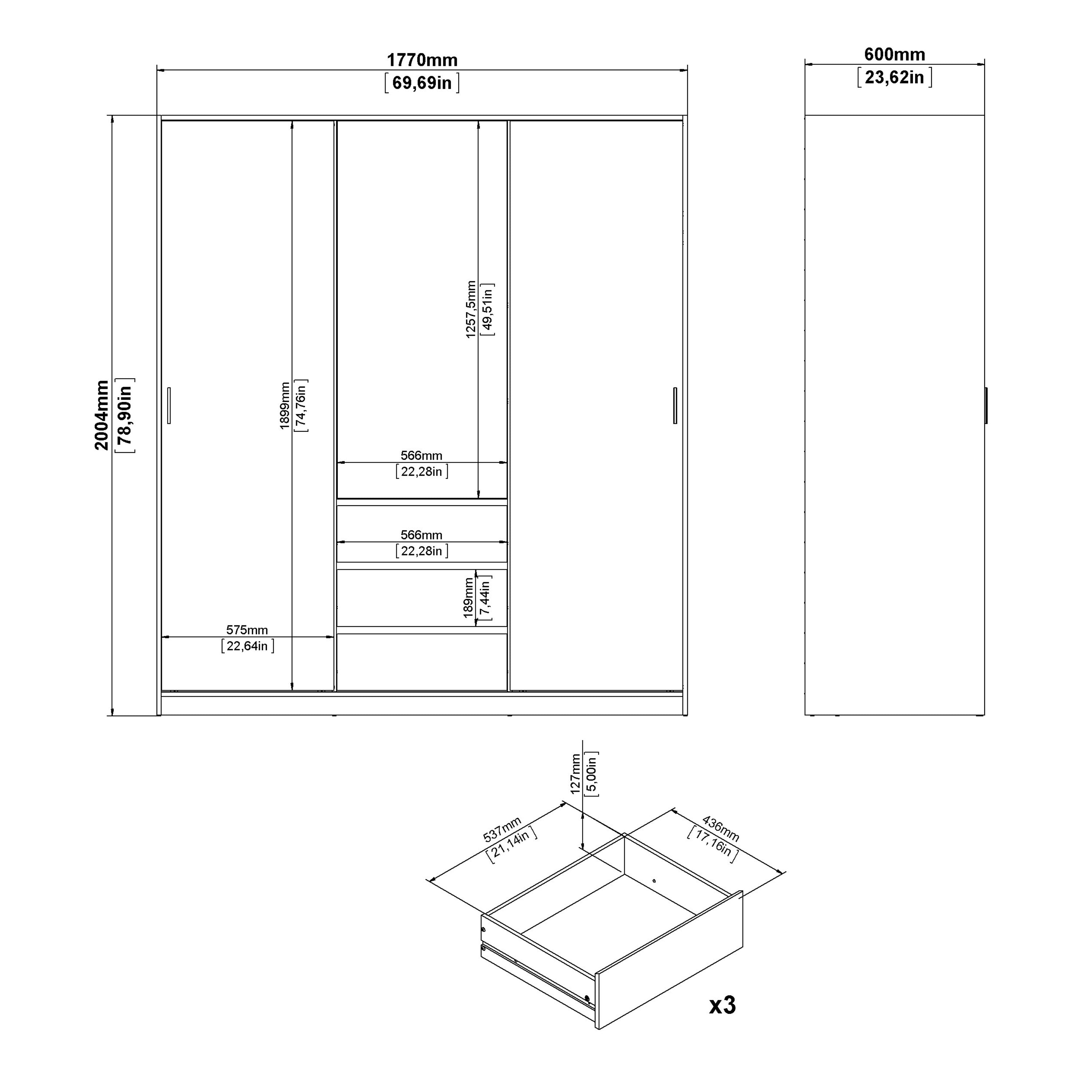 Naia Wardrobe with 2 Sliding Doors + 1 Door + 3 Drawers in White – FTG, view 9