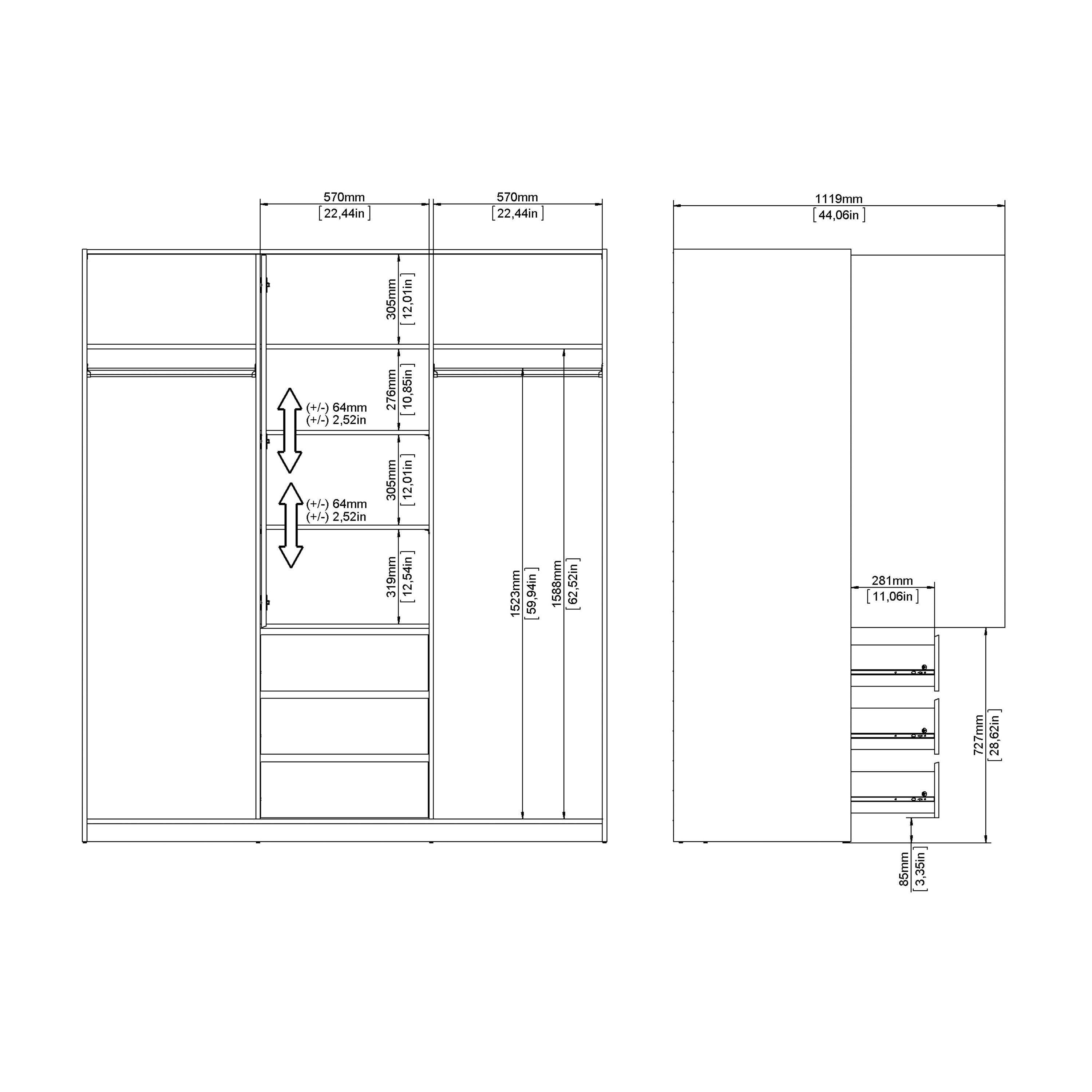 Naia Wardrobe with 2 Sliding Doors 1 Door 3 Drawers in White High Gloss – FTG, view 10