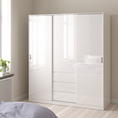 Naia Wardrobe with 2 Sliding Doors 1 Door 3 Drawers in White High Gloss – FTG, view 5