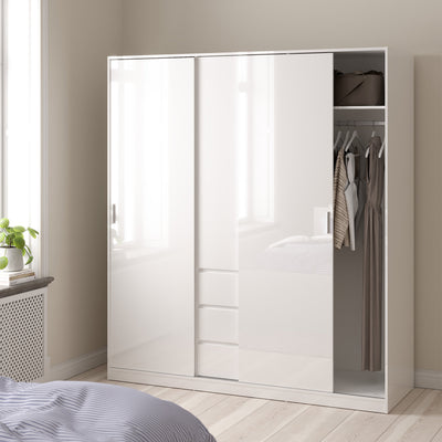 Naia Wardrobe with 2 Sliding Doors 1 Door 3 Drawers in White High Gloss – FTG, view 6