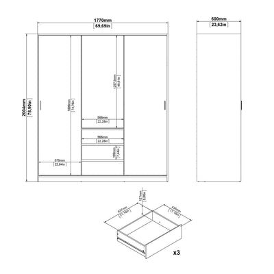 Naia Wardrobe with 2 Sliding Doors 1 Door 3 Drawers in White High Gloss – FTG, view 9