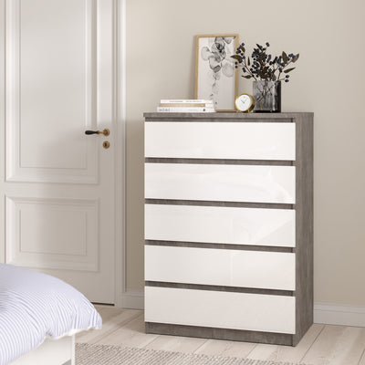 Naia Chest of 5 Drawers in Concrete and White High Gloss – FTG, view 5