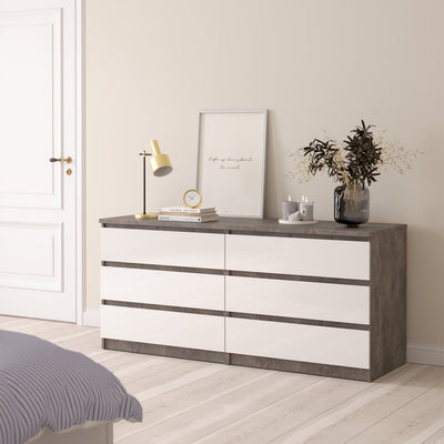 Naia Wide Chest of 6 Drawers (3+3) in Concrete and White High Gloss – FTG, view 5