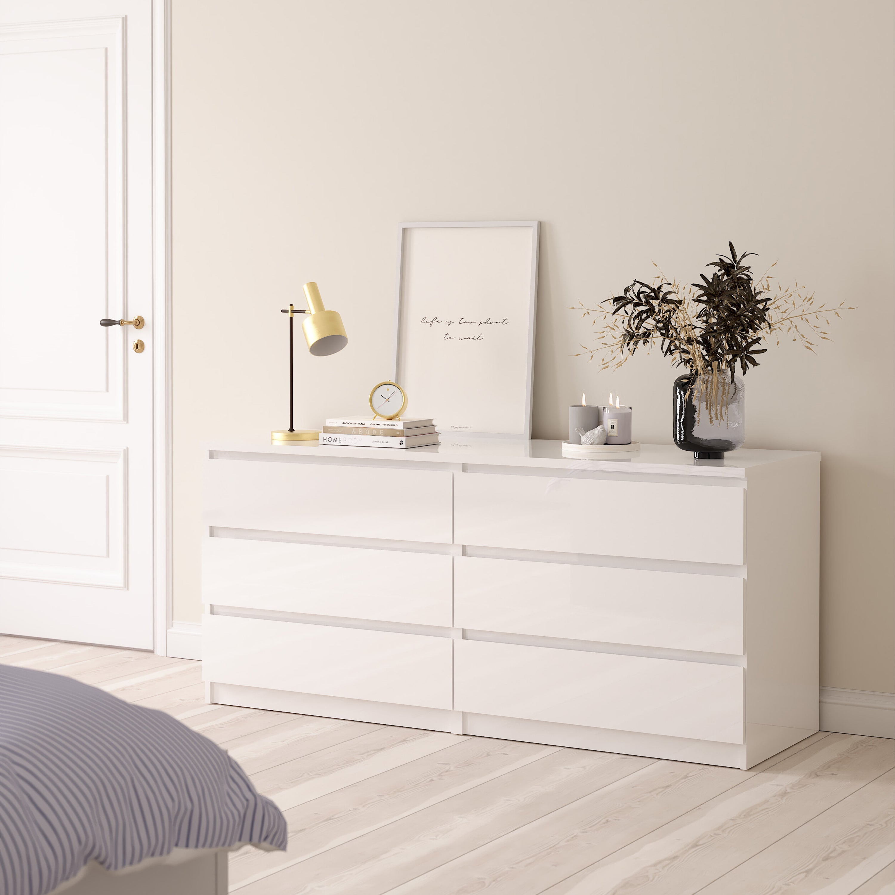 Naia Wide Chest of 6 Drawers (3+3) in White High Gloss – FTG, view 5