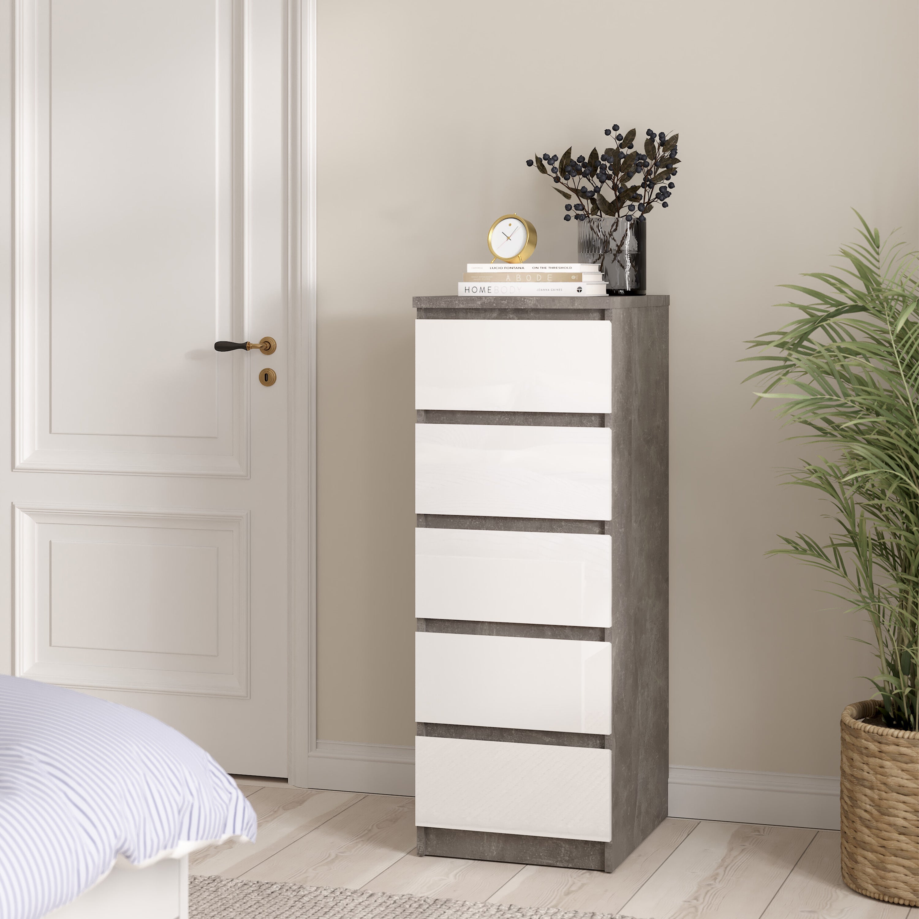 Naia Narrow Chest of 5 Drawers in Concrete and White High Gloss – FTG, view 5