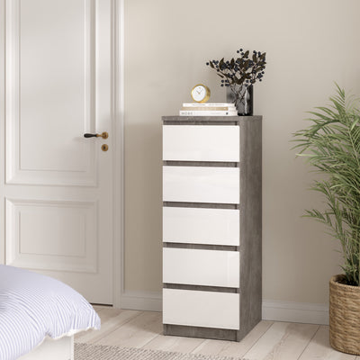 Naia Narrow Chest of 5 Drawers in Concrete and White High Gloss – FTG, view 5